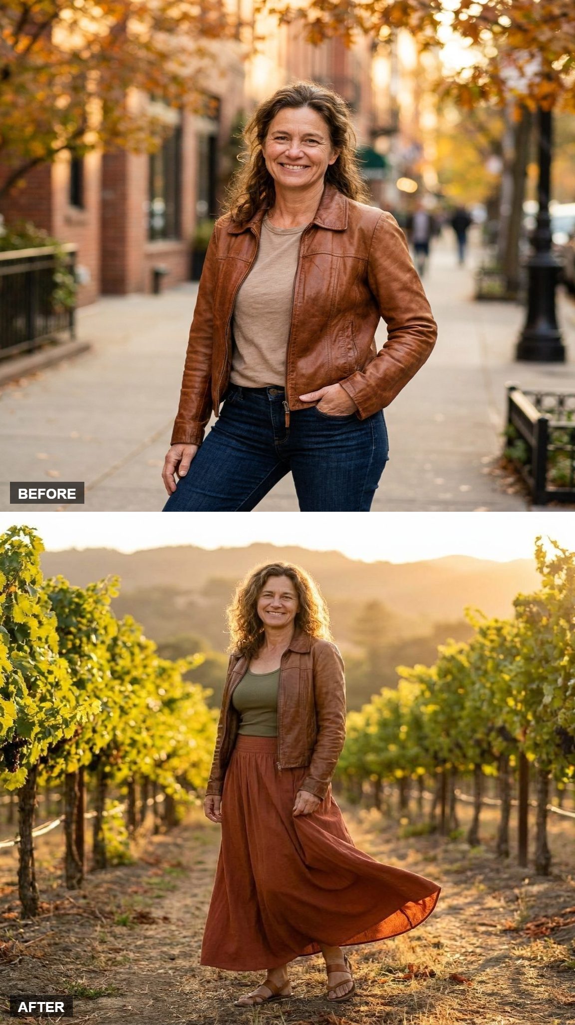 Olive Tank, Rust Maxi Skirt Mid-Twirl, Open Jacket, Vineyard Path at Sunset