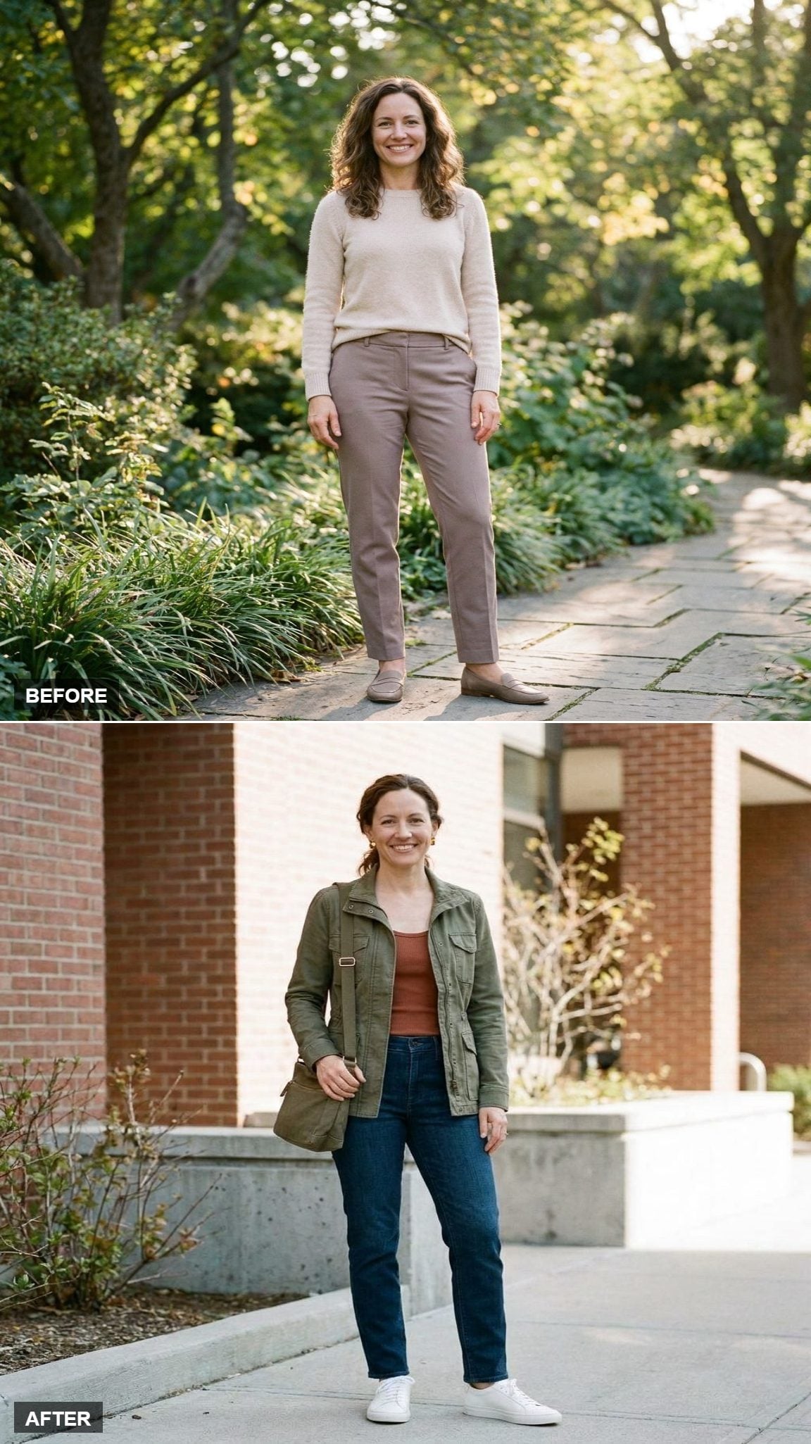 Olive Utility Jacket, Rust Fitted Tank, Dark Wash Jeans, and White Leather Sneakers