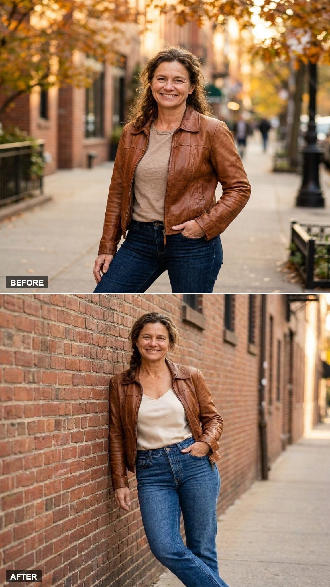 One Hem Tucked Into High-Waisted Jeans, Cream Cami, Low Braid Against a Brick Wall