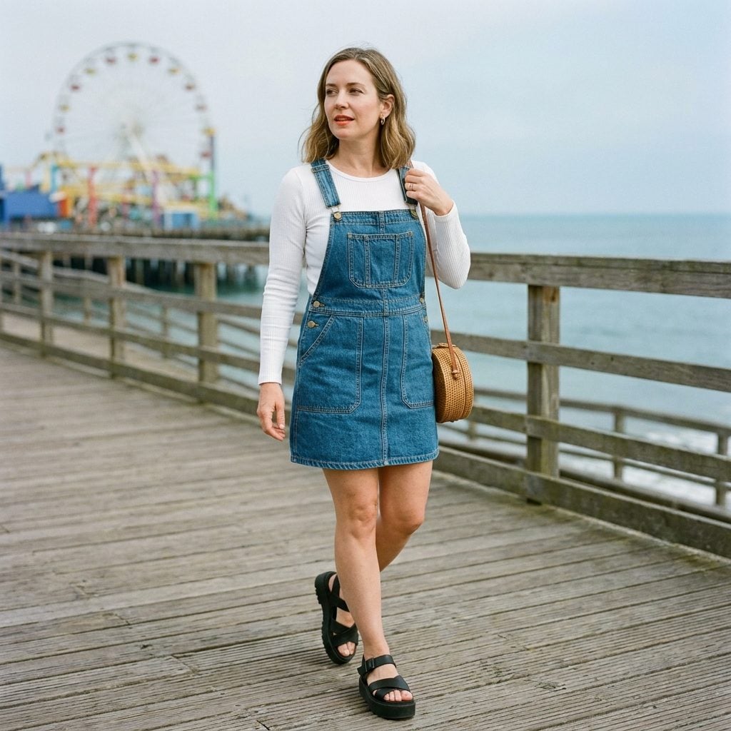 Overall Dress Over a Long-Sleeve Baby Tee