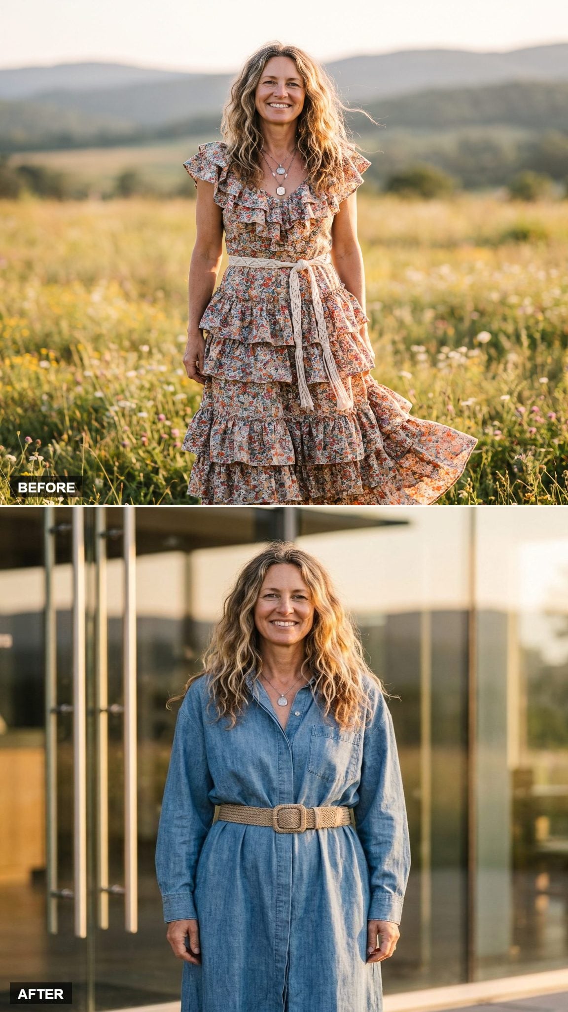 Oversized Chambray Dress Belted with a Chunky Woven Belt and a Small Silver Pendant