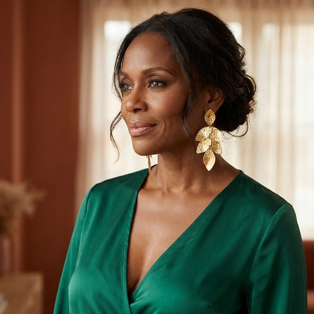 Oversized Gold Leaf Earrings With Hammered Detailing That Hung in Heavy Clusters