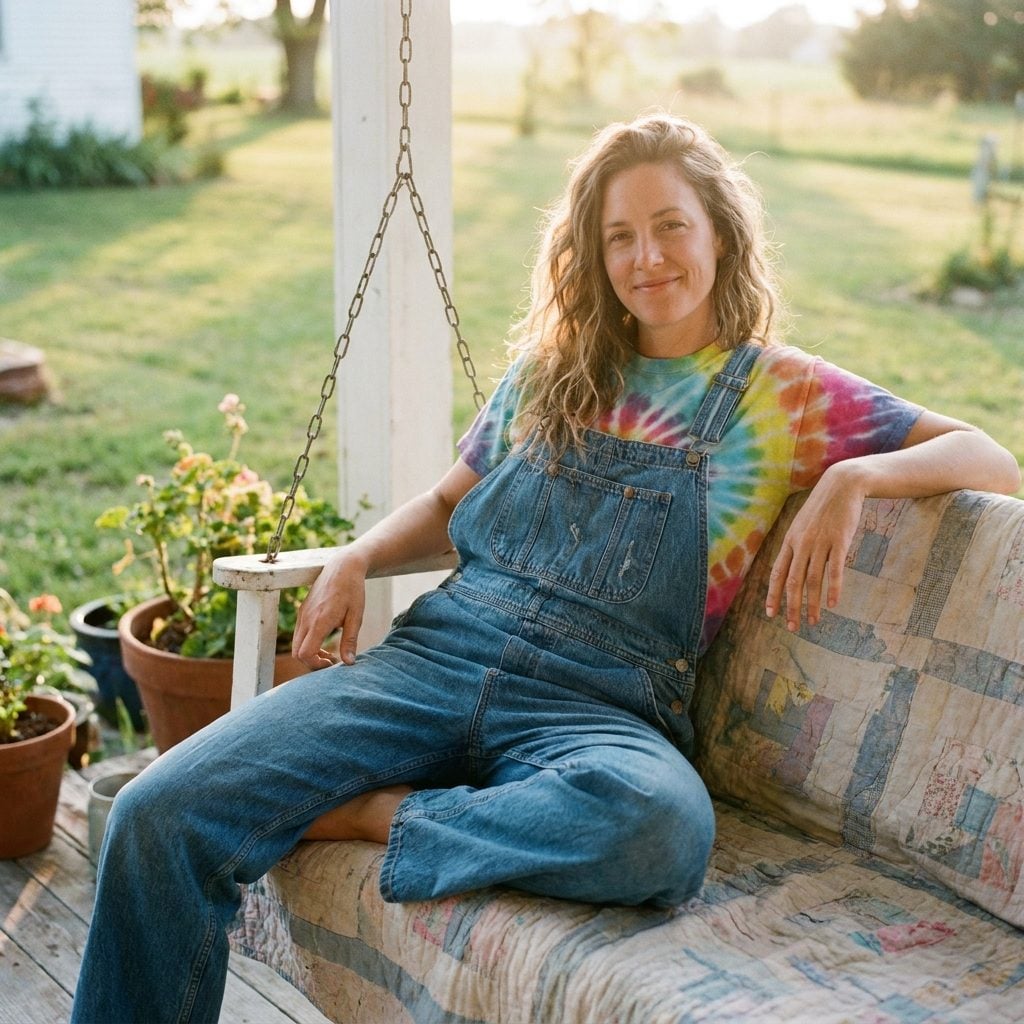 Oversized Medium-Wash Overalls With a Tie-Dye Tee