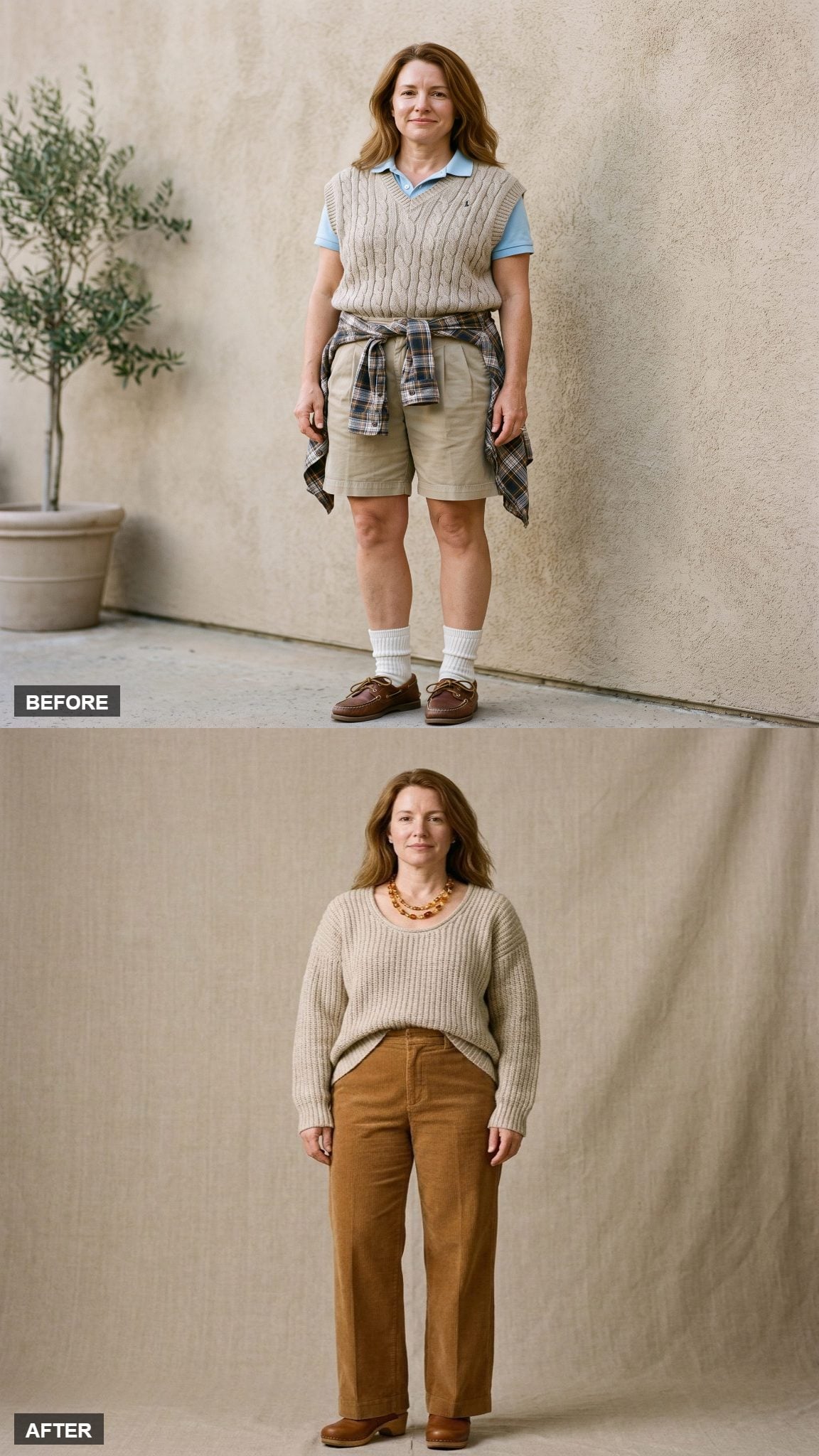 The Oversized Silhouette, Kept and Controlled: Slouchy Oatmeal Knit, Wide-Leg Caramel Corduroy, and Brown Leather Clogs
