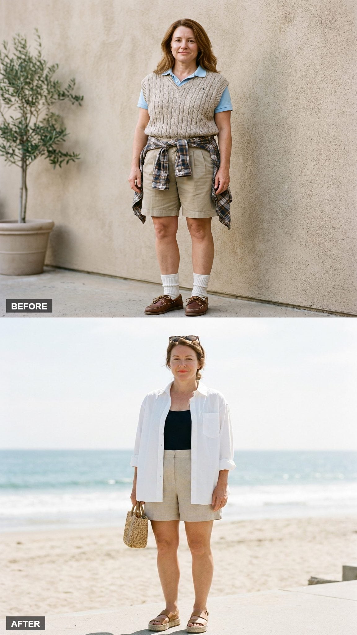 The Oversized White Button-Down, Open Over a Black Swimsuit, With Linen Shorts and Espadrilles