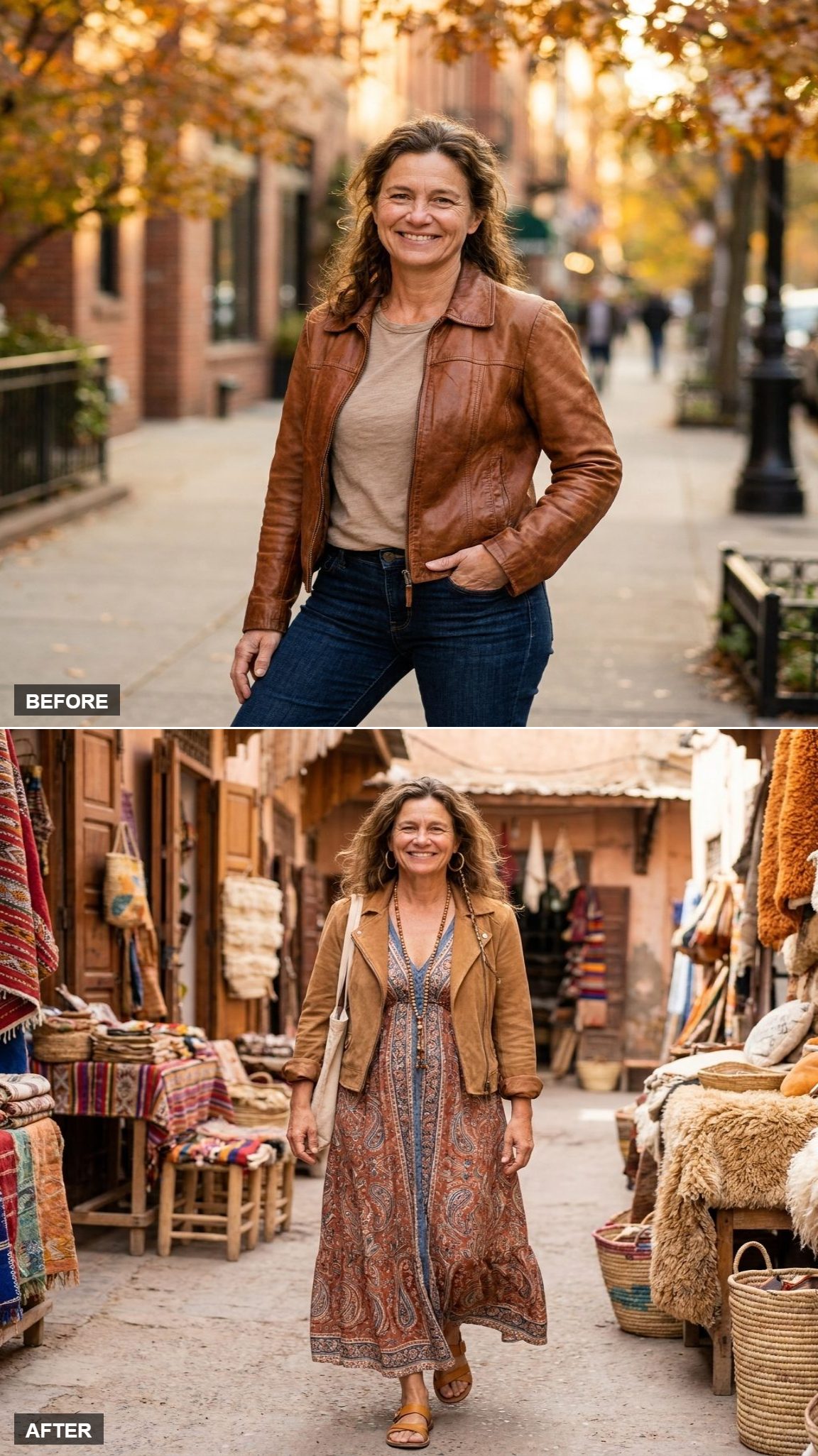Paisley Maxi, Long Beaded Necklace, and the Jacket in a Sunlit Market Alley