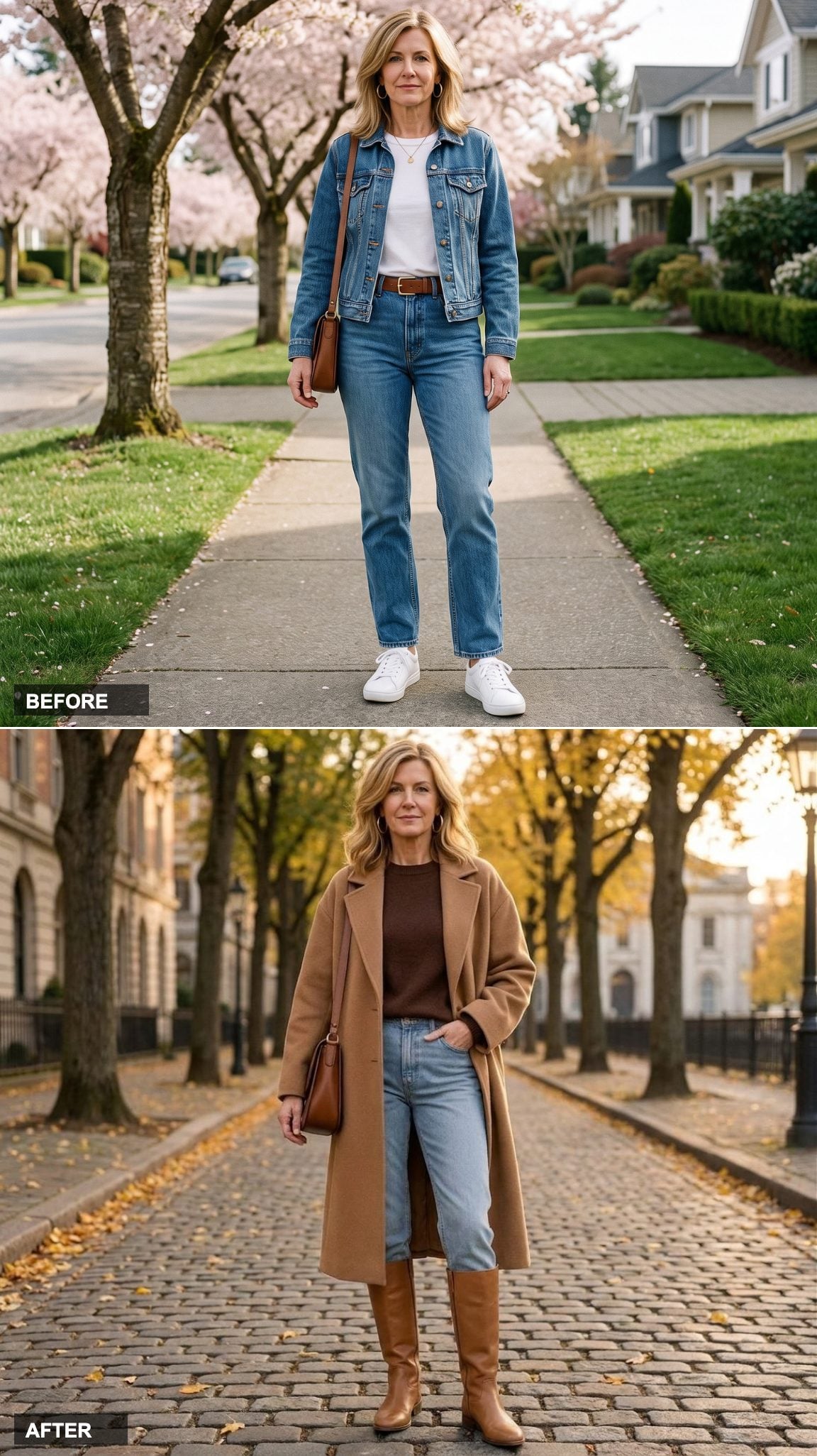 Pale Blue Denim, Chocolate Brown Cashmere, and Camel Riding Boots in Full Autumn Mode