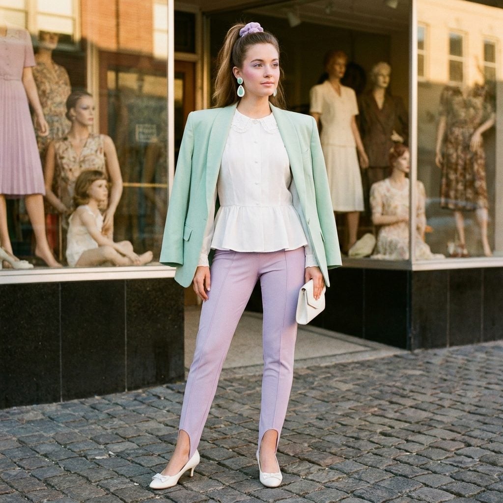 Pale lavender stirrup pants with a white peplum blouse and a pastel blazer draped over the shoulders