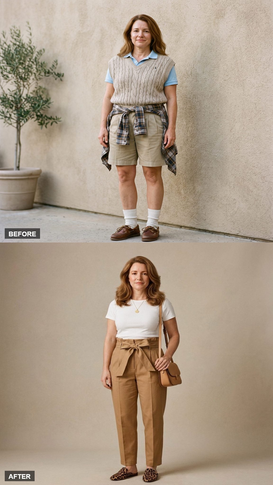 Paperbag Waist Trouser in Warm Tan, a Fitted White Tee, and Leopard-Print Flat Mule