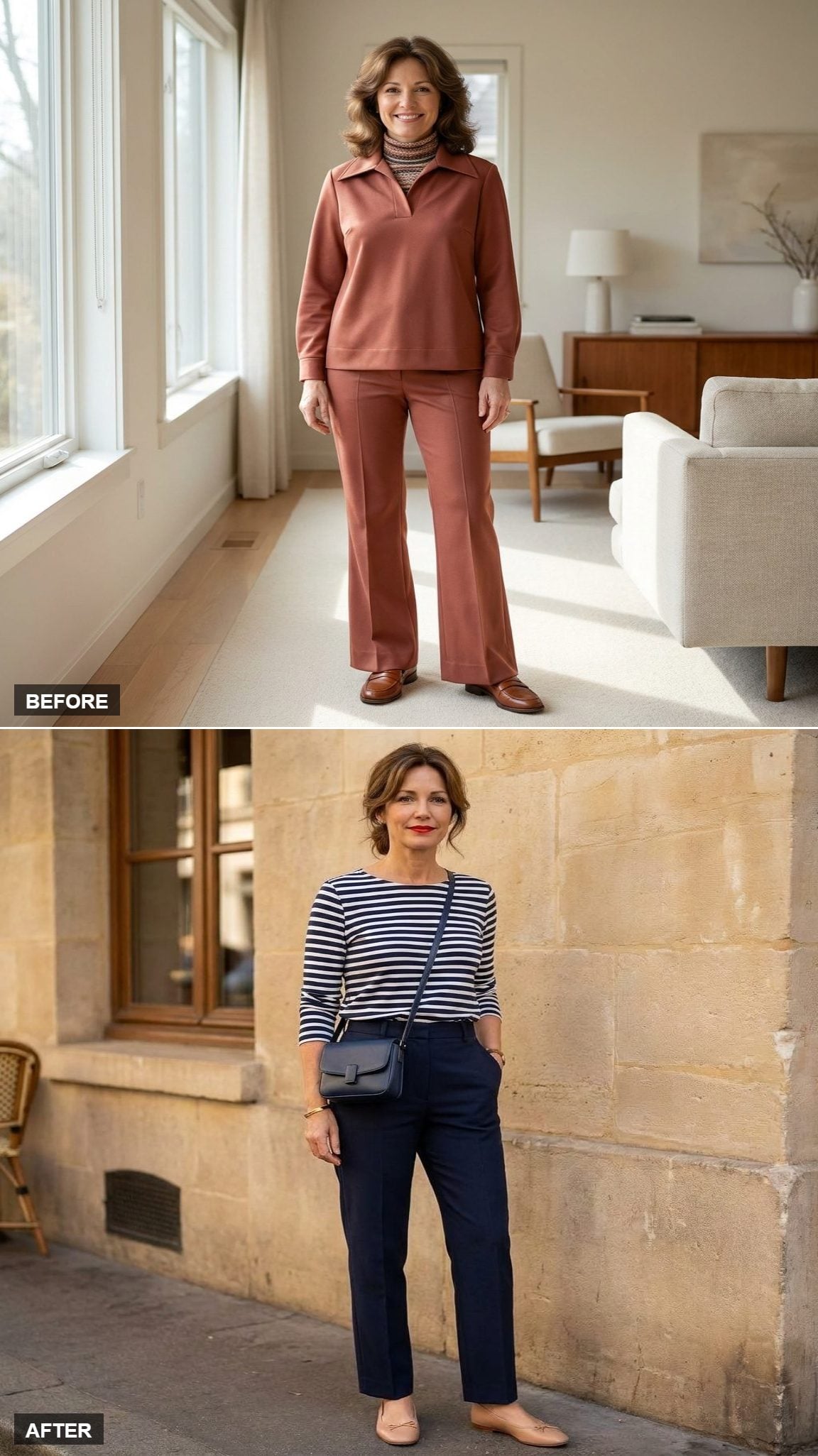 Parisian Café Afternoon in a Breton Stripe Top, Tailored Navy Trousers, and Ballet Flats
