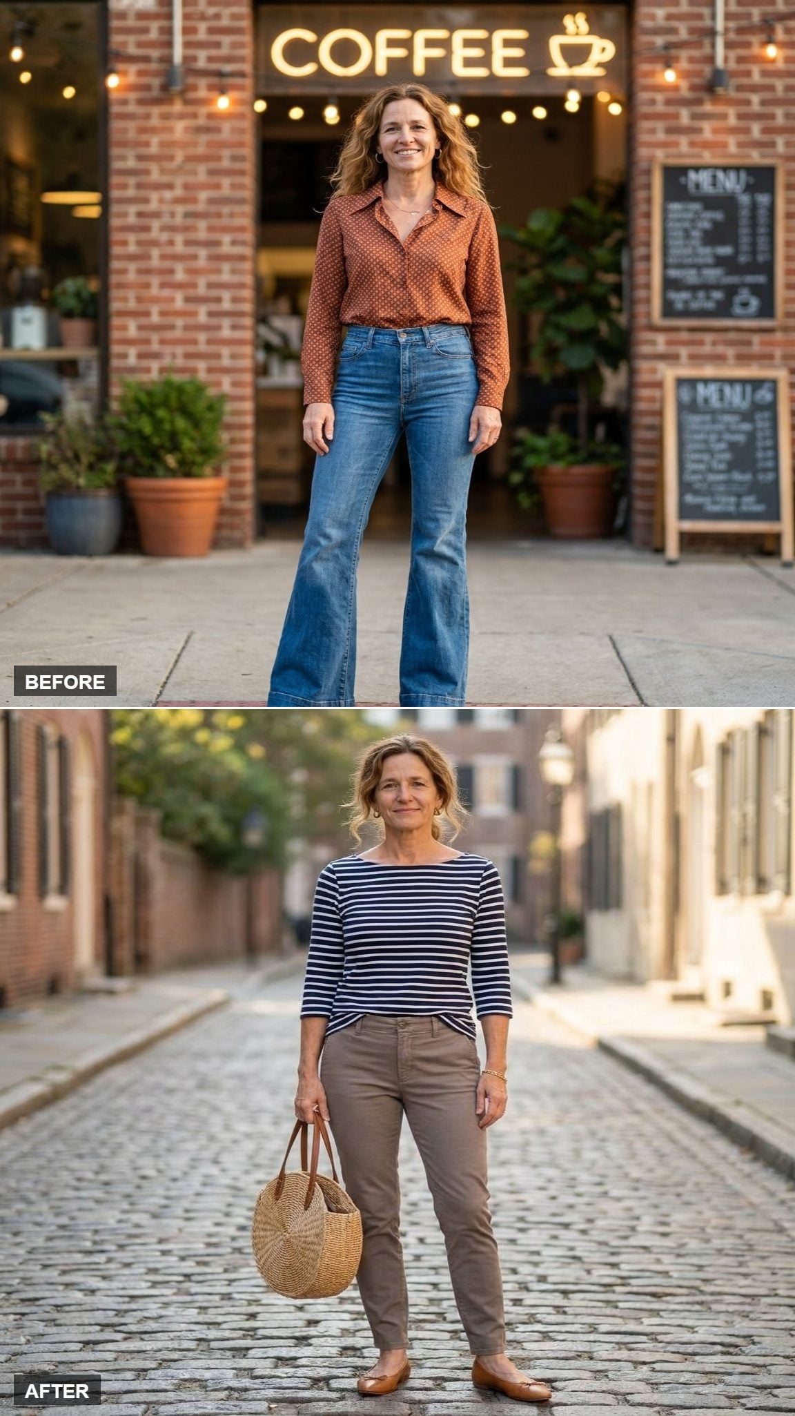 Parisian Market Morning in a Breton Stripe Top, Slim Chinos, and a Wicker Bag