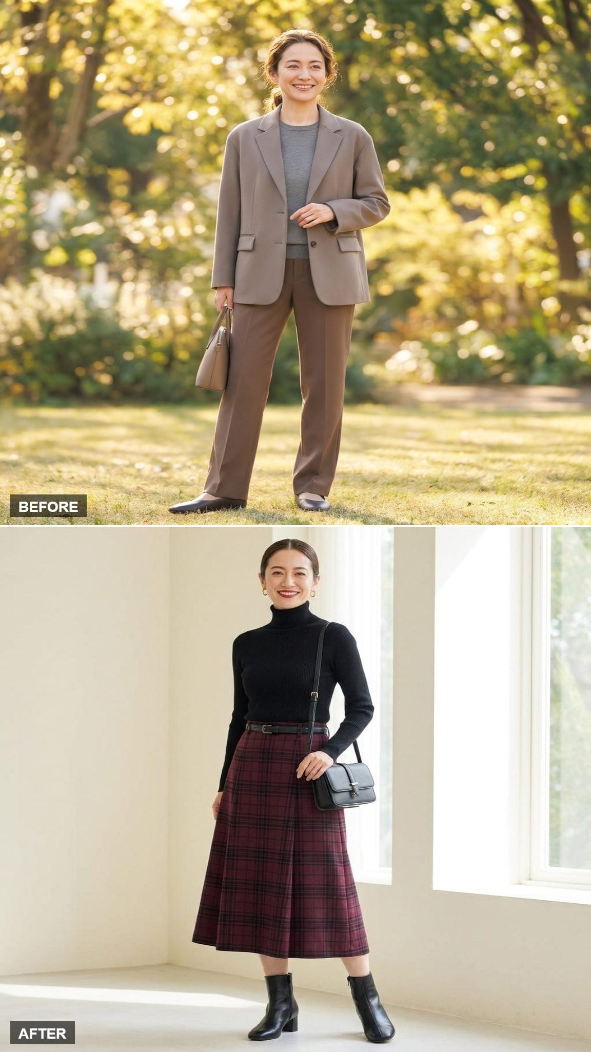 Parisian Off-Duty in a Black Turtleneck, Plaid Midi Skirt, and Ankle Boots