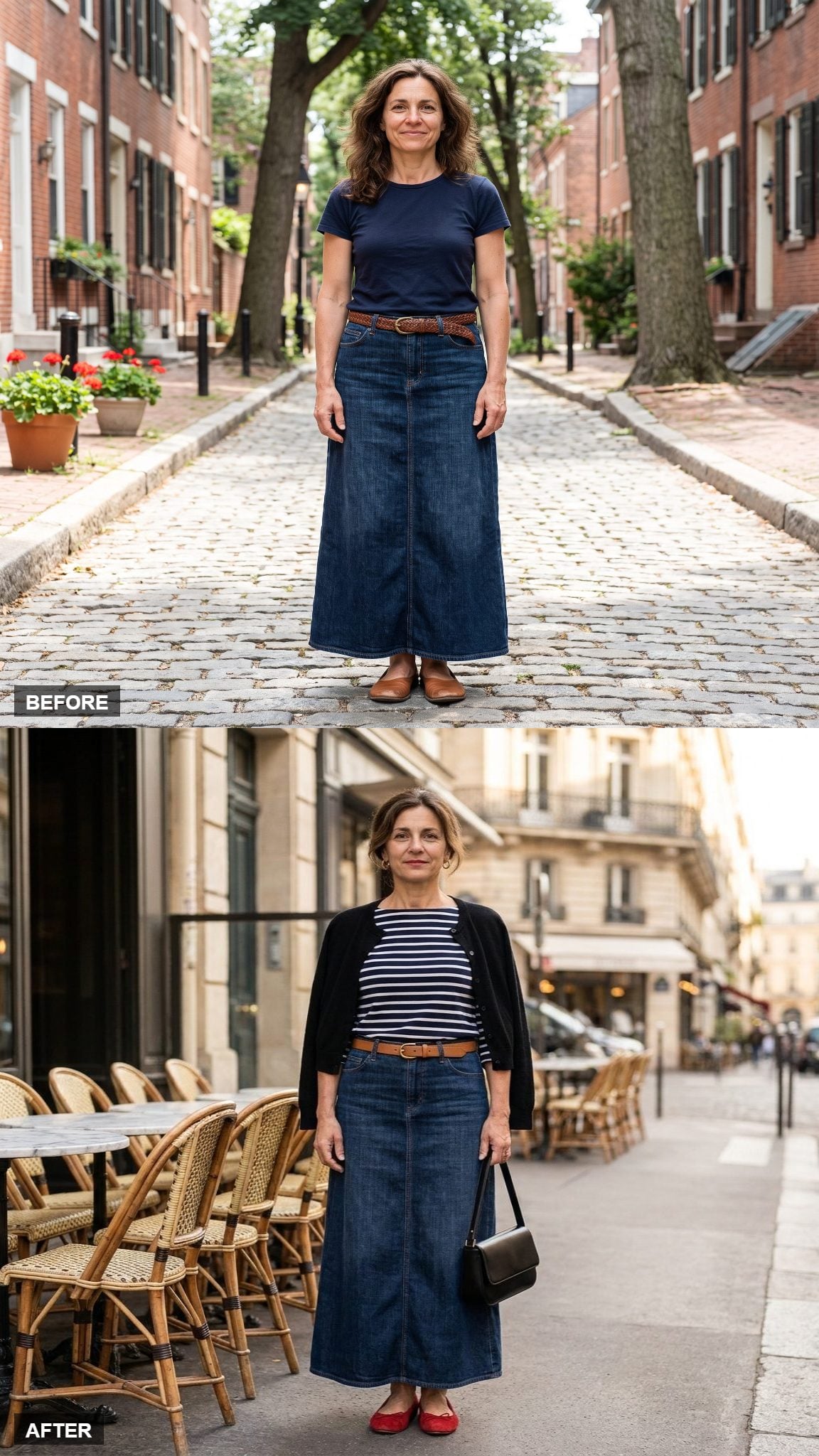 Parisian Off-Duty in a Boat-Neck Breton and Ballet Flats
