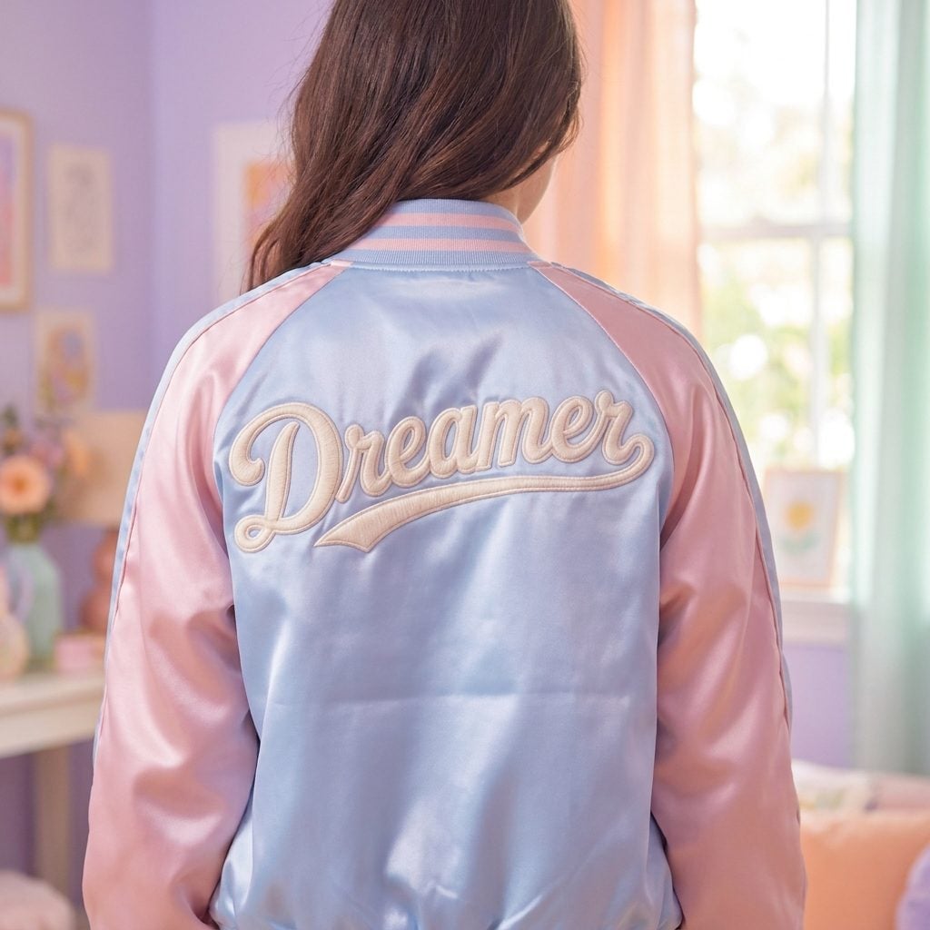 The Pastel Satin Jacket With Your Name Embroidered Across the Back in Puffy Script