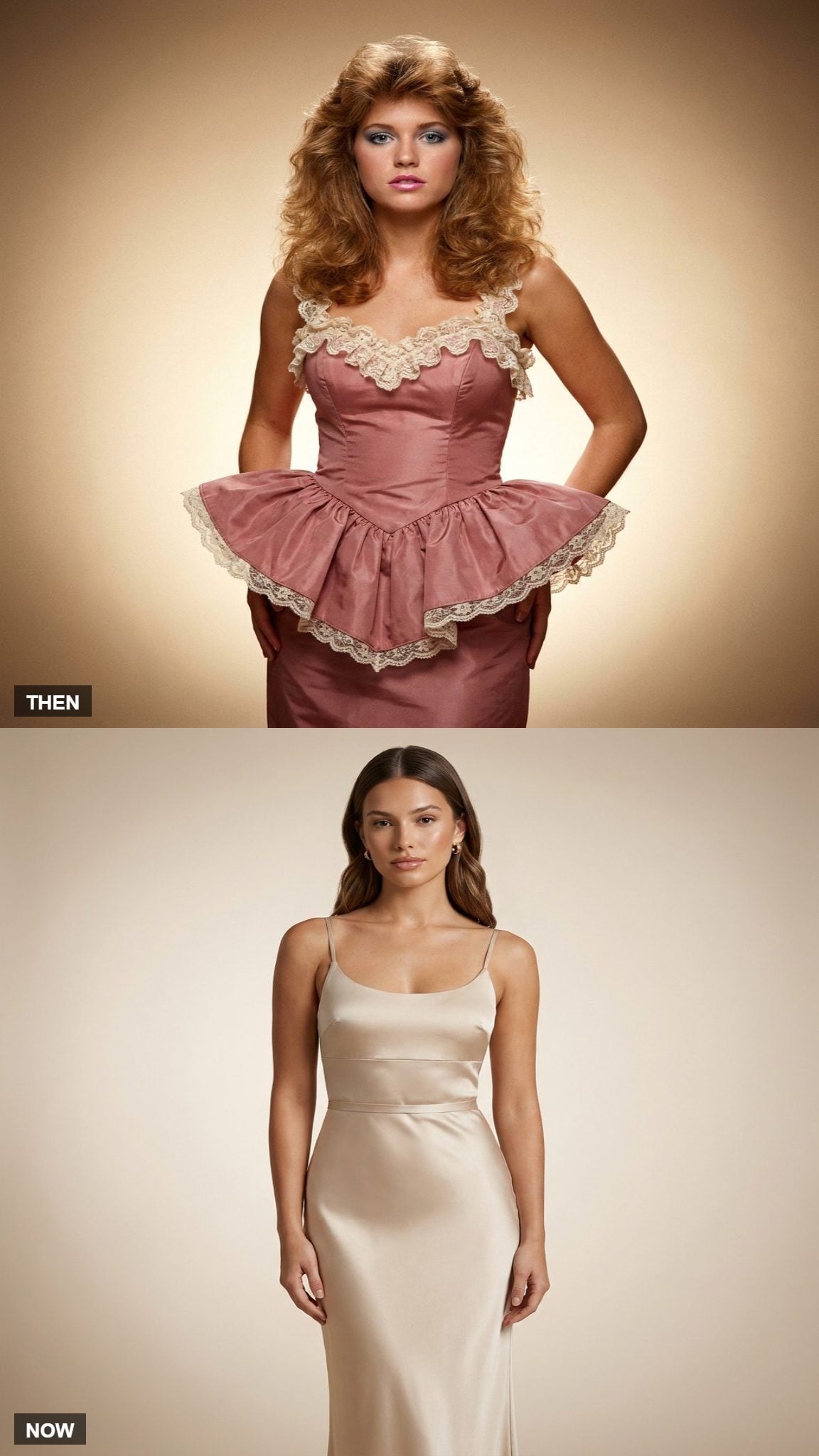 1980 peplum prom waist compared with subtle modern waist definition