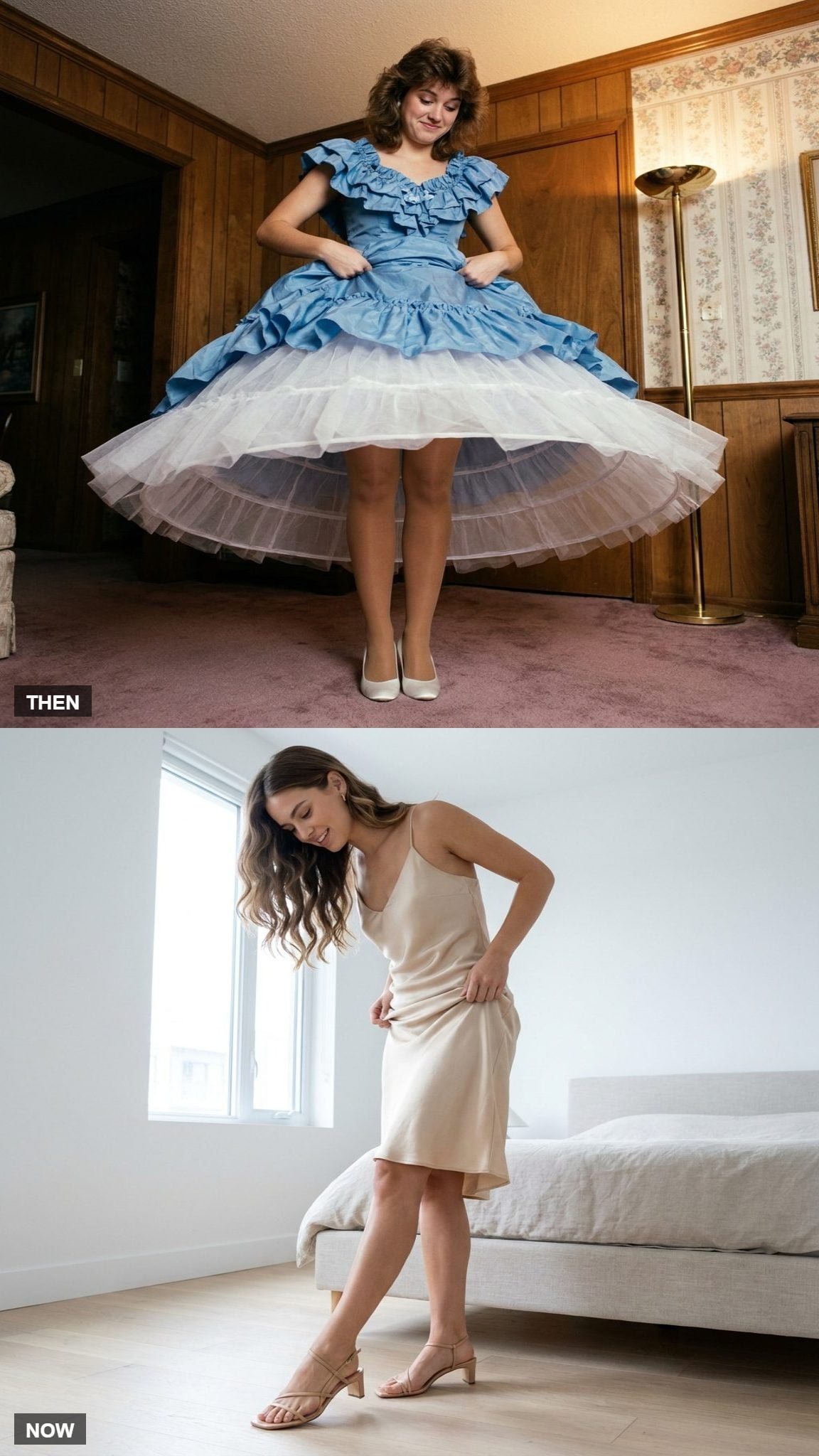 Full 1980 prom skirt with petticoat compared with a slim modern gown