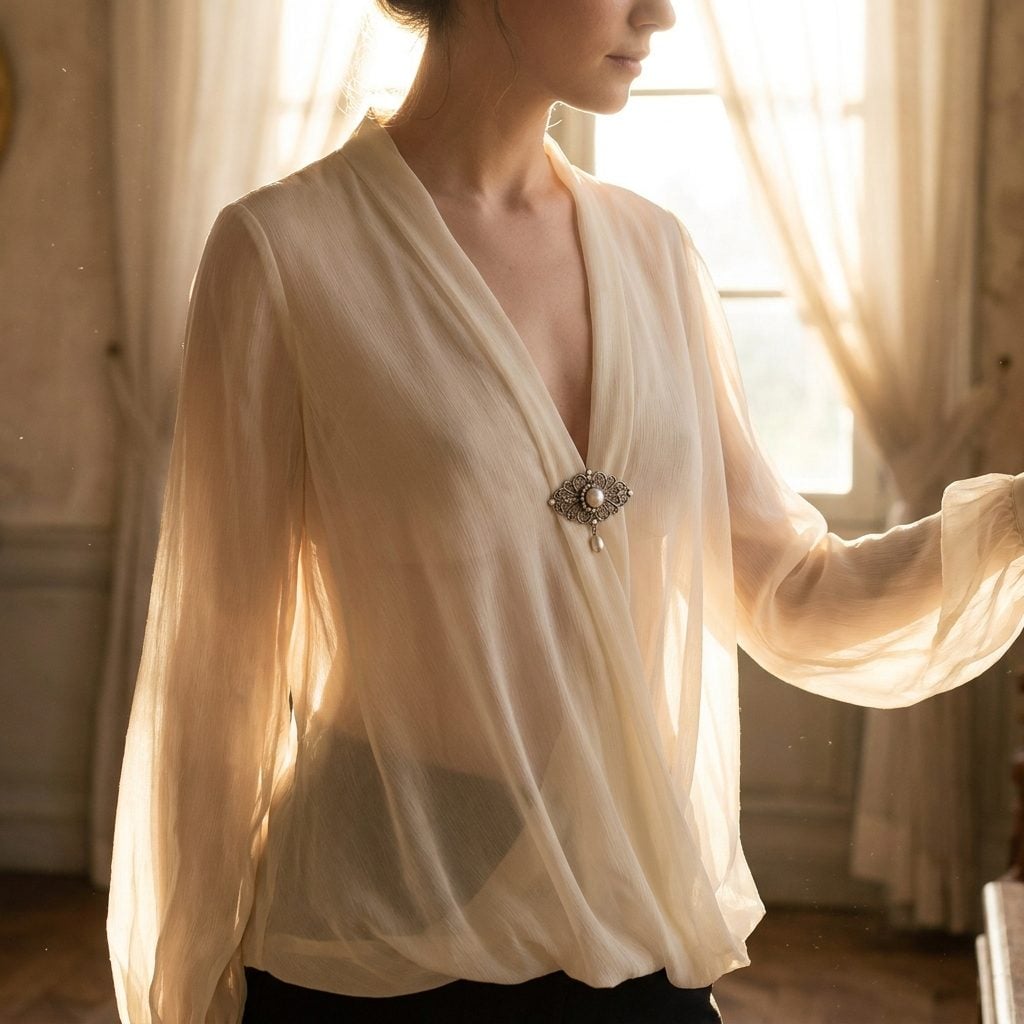 Pin a Brooch at the Neckline of a Chiffon Blouse