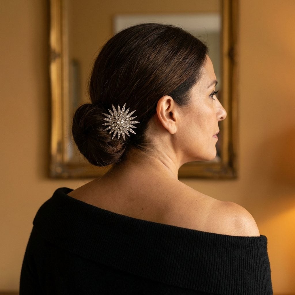 Pin a Rhinestone Brooch to the Back of a Low Chignon