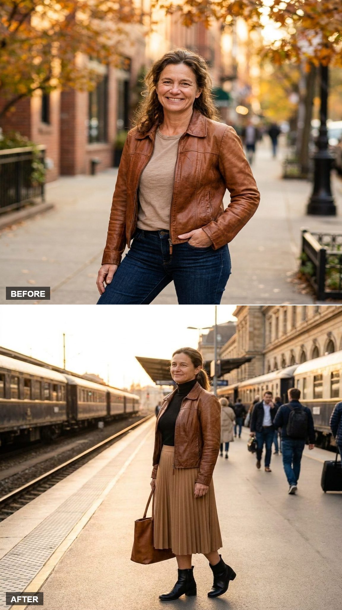 Pleated Camel Midi Skirt, Black Turtleneck, Open Leather Jacket, and a European Train Platform