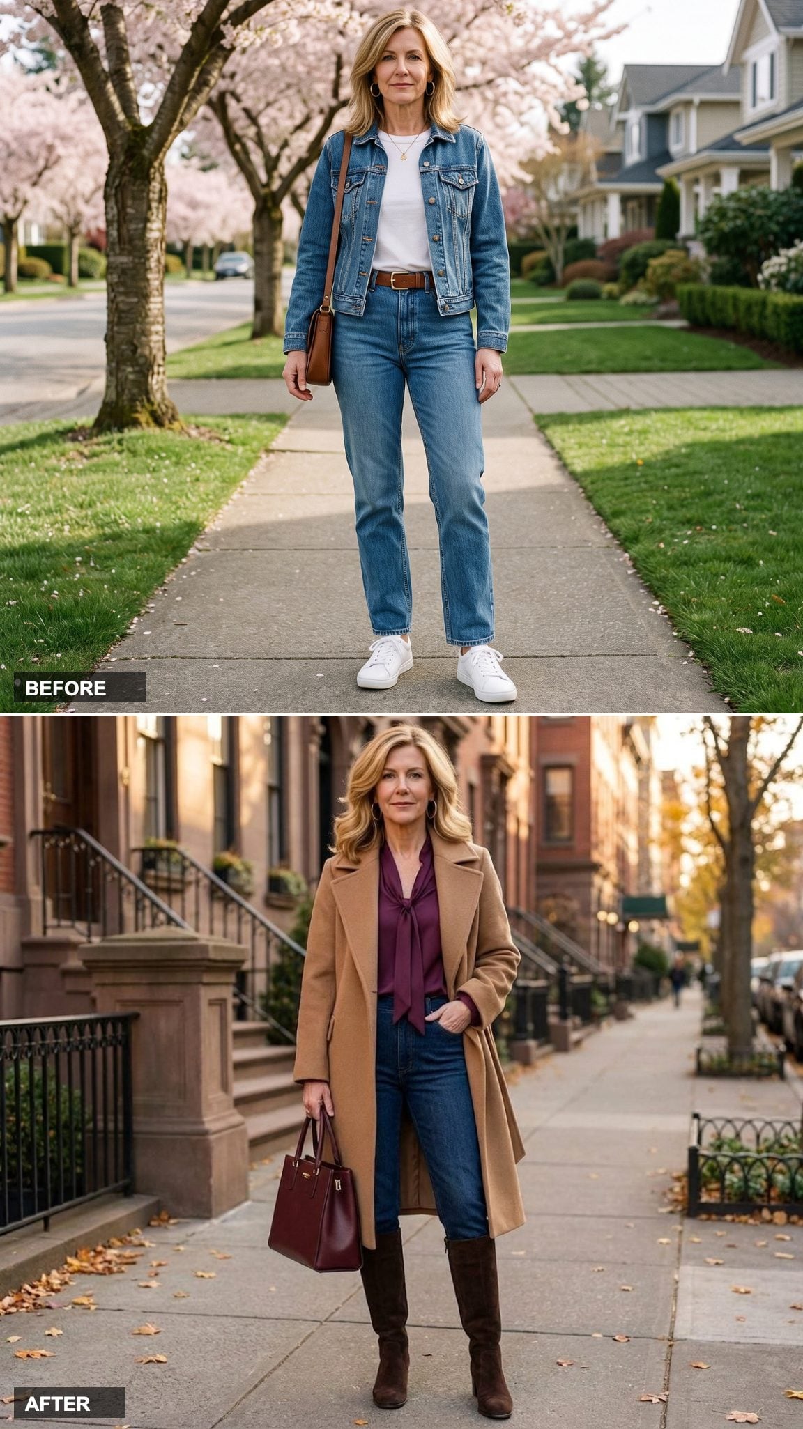 Plum Silk Blouse, Camel Wrap Coat, Suede Knee-High Boots, and Dark Denim's Most Sophisticated Season