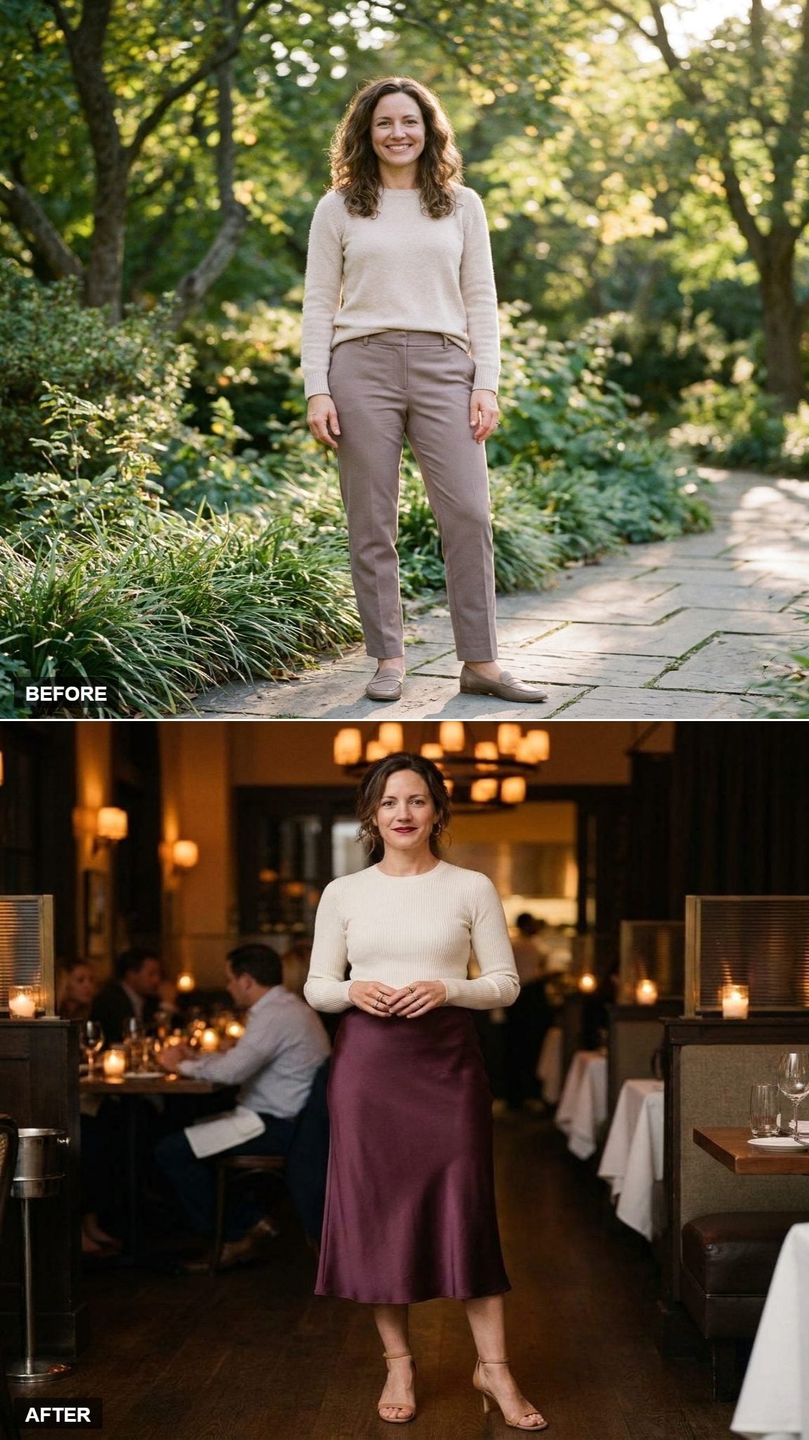 Plum Silk Midi Skirt, Ivory Ribbed Knit Top, and Stack of Gold Rings for Date Night