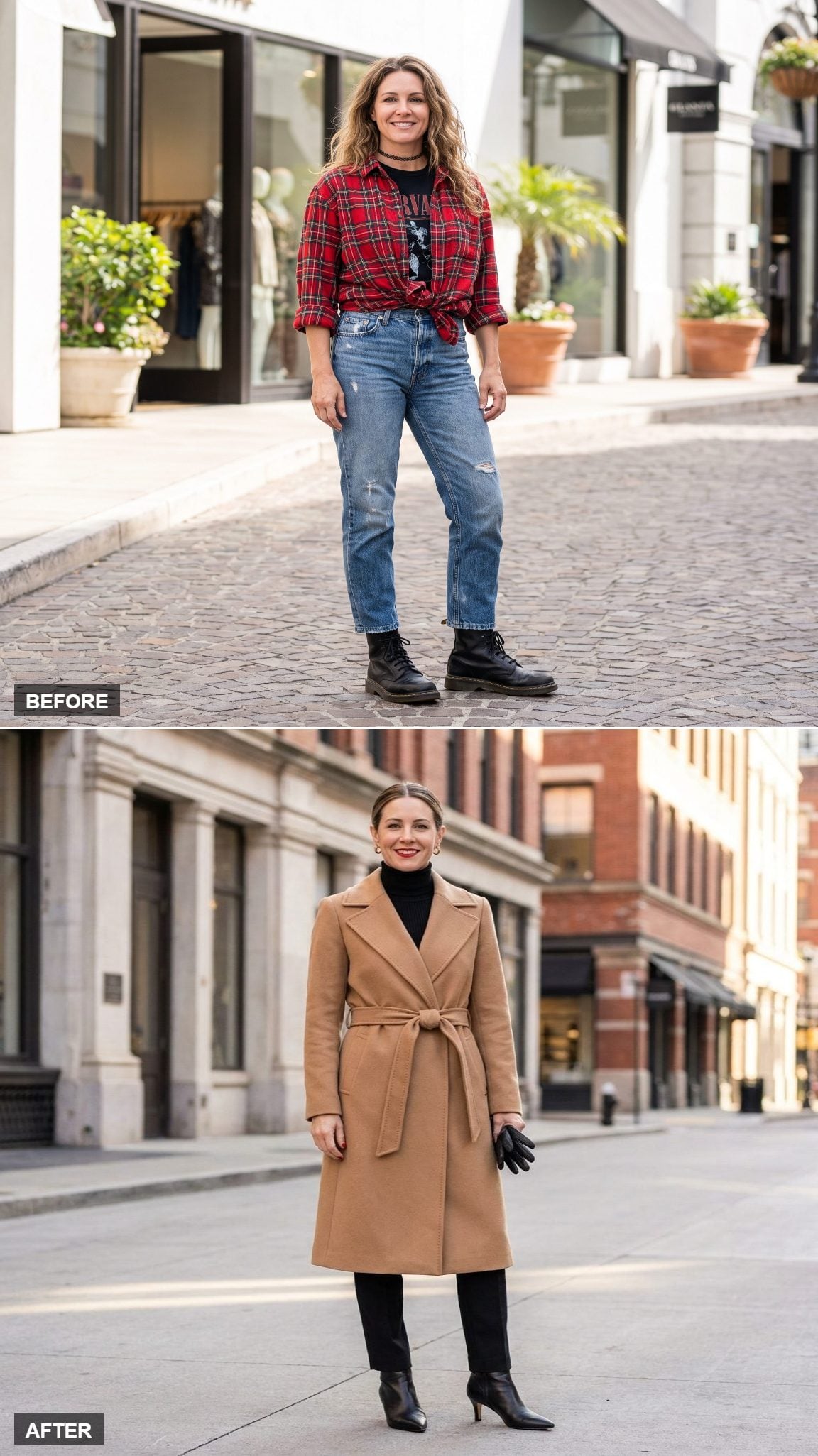 Camel wool coat with black turtleneck and tailored black trousers