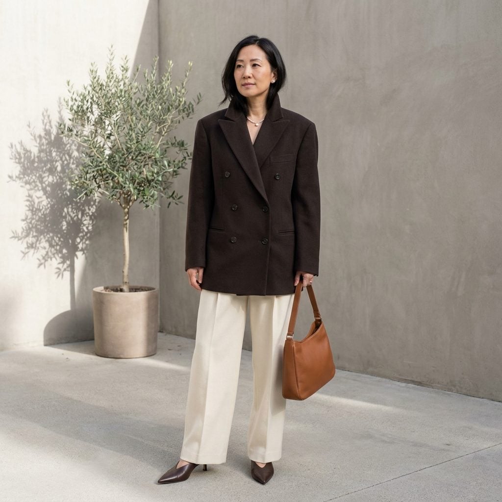 Pop the Collar and Wear It as the Only Top with High-Waisted Trousers