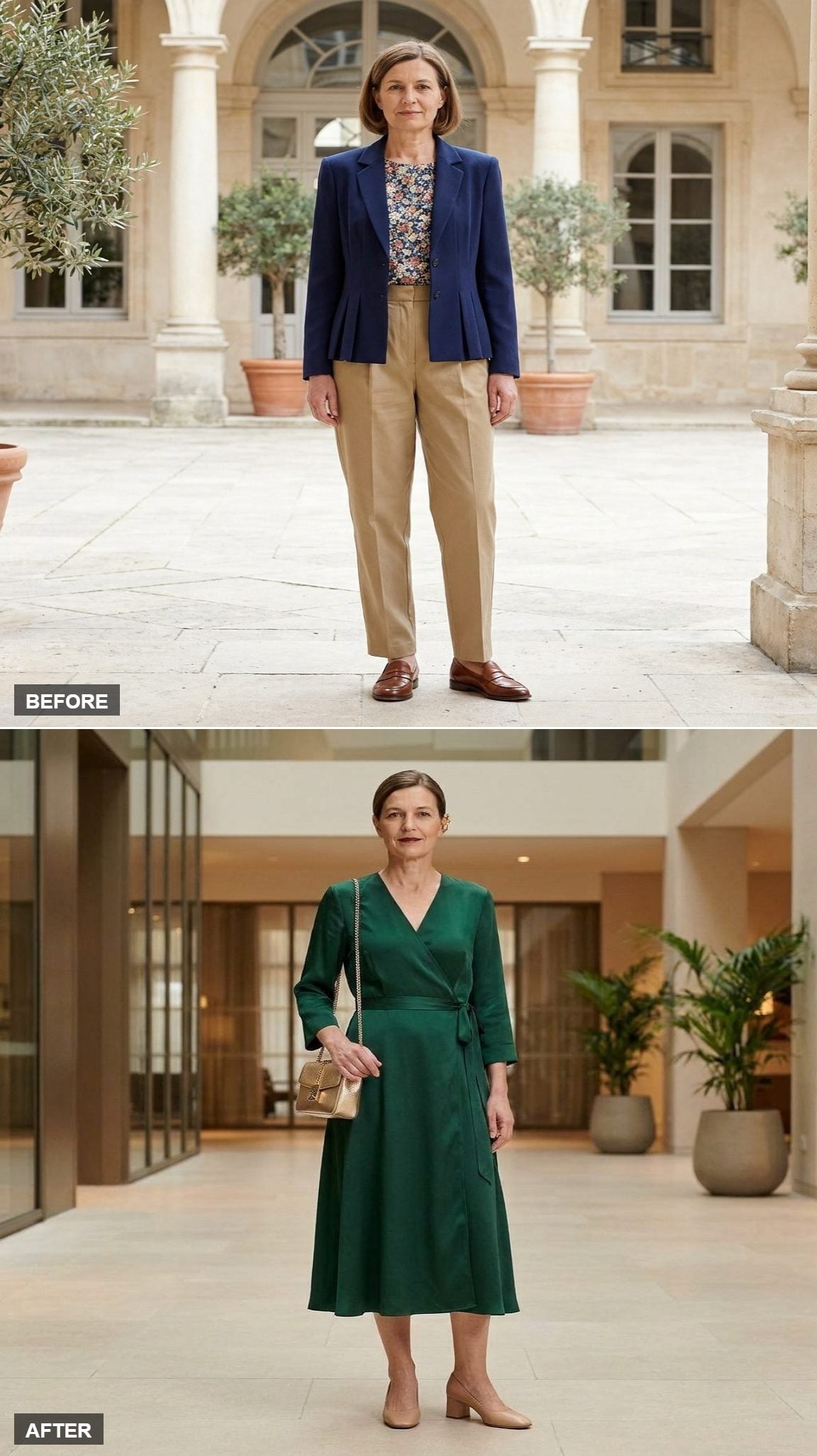 The Power Lunch Pivot: Emerald Green Wrap Dress, Nude Block-Heel Pumps, and a Gold Chain Shoulder Bag