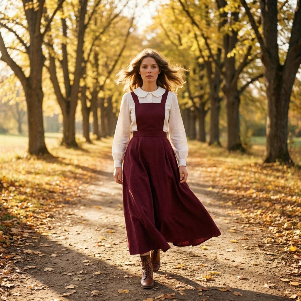 Burgundy prairie pinafore layered over white blouse with rounded collar
