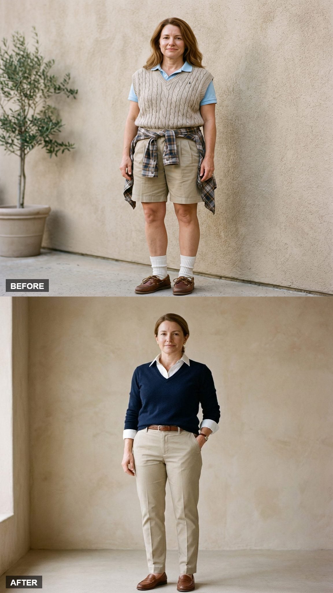 The Preppy Instinct, Refined: Navy Merino V-Neck Over a Crisp White Poplin Shirt With Straight Trousers