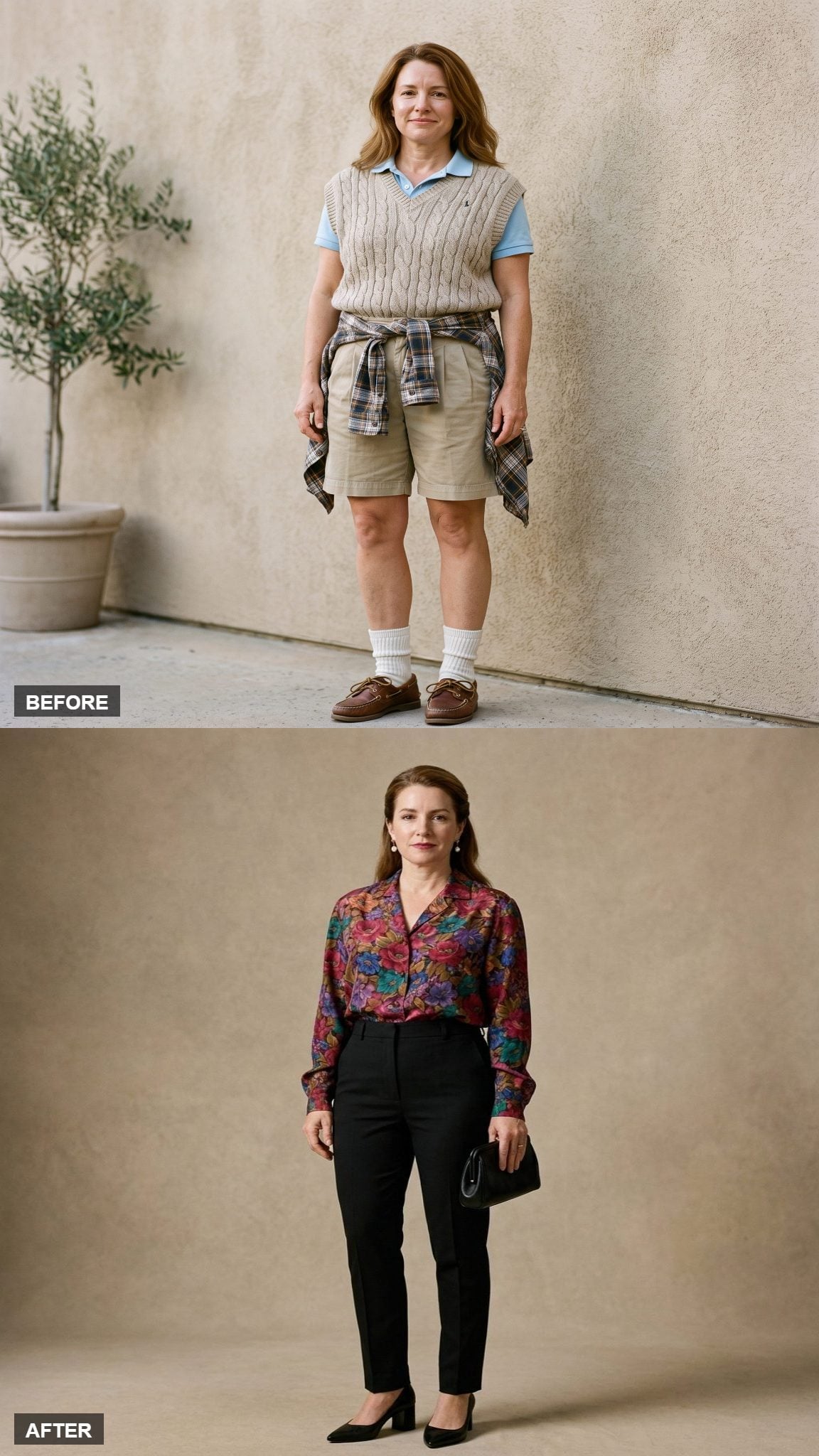 The Printed Blouse, Owned: Bold Floral Silk Top, Tailored Black Trousers, and Pointed Heels