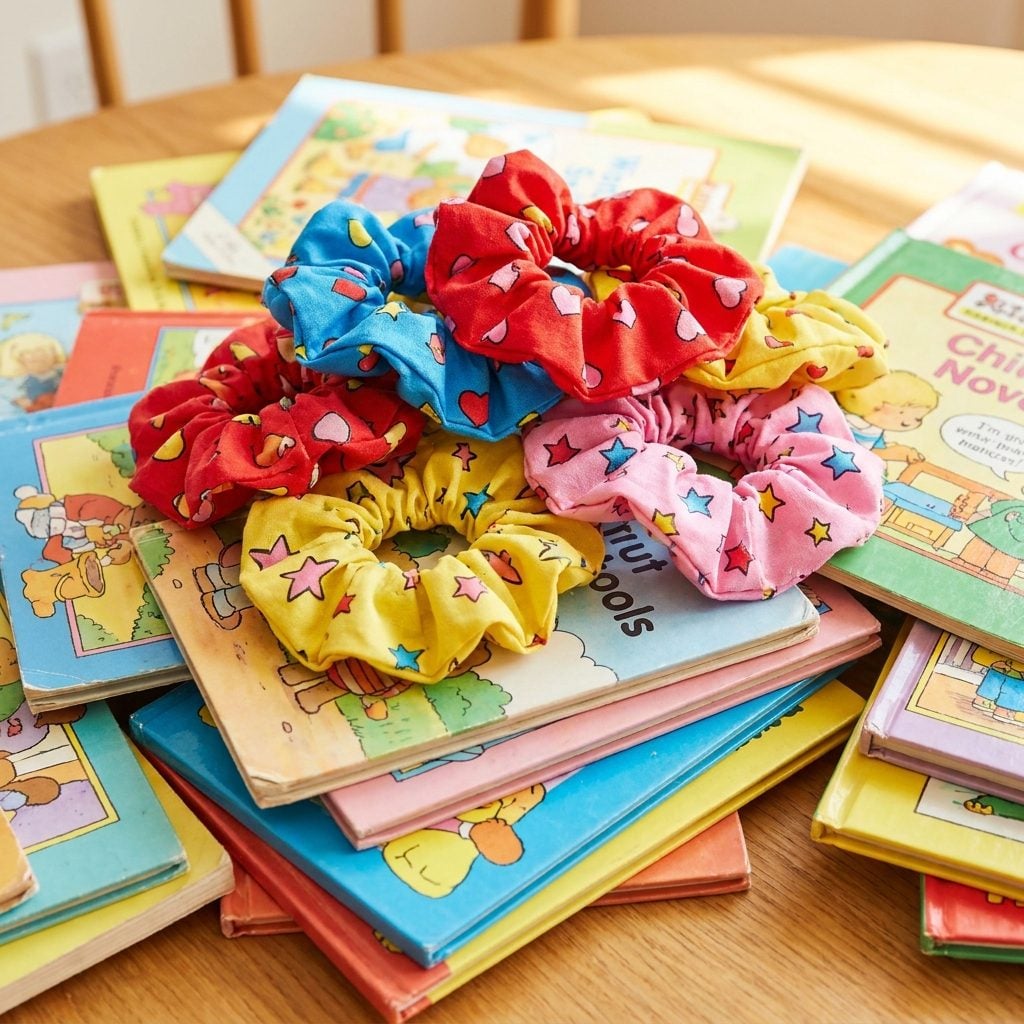 The Printed Novelty Scrunchie With Hearts or Stars You Got at the School Book Fair