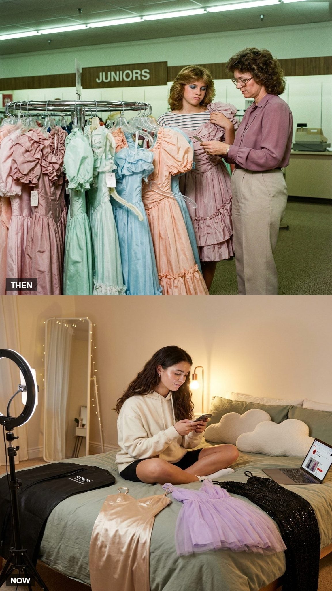1980 department-store prom shopping compared with modern online dress shopping