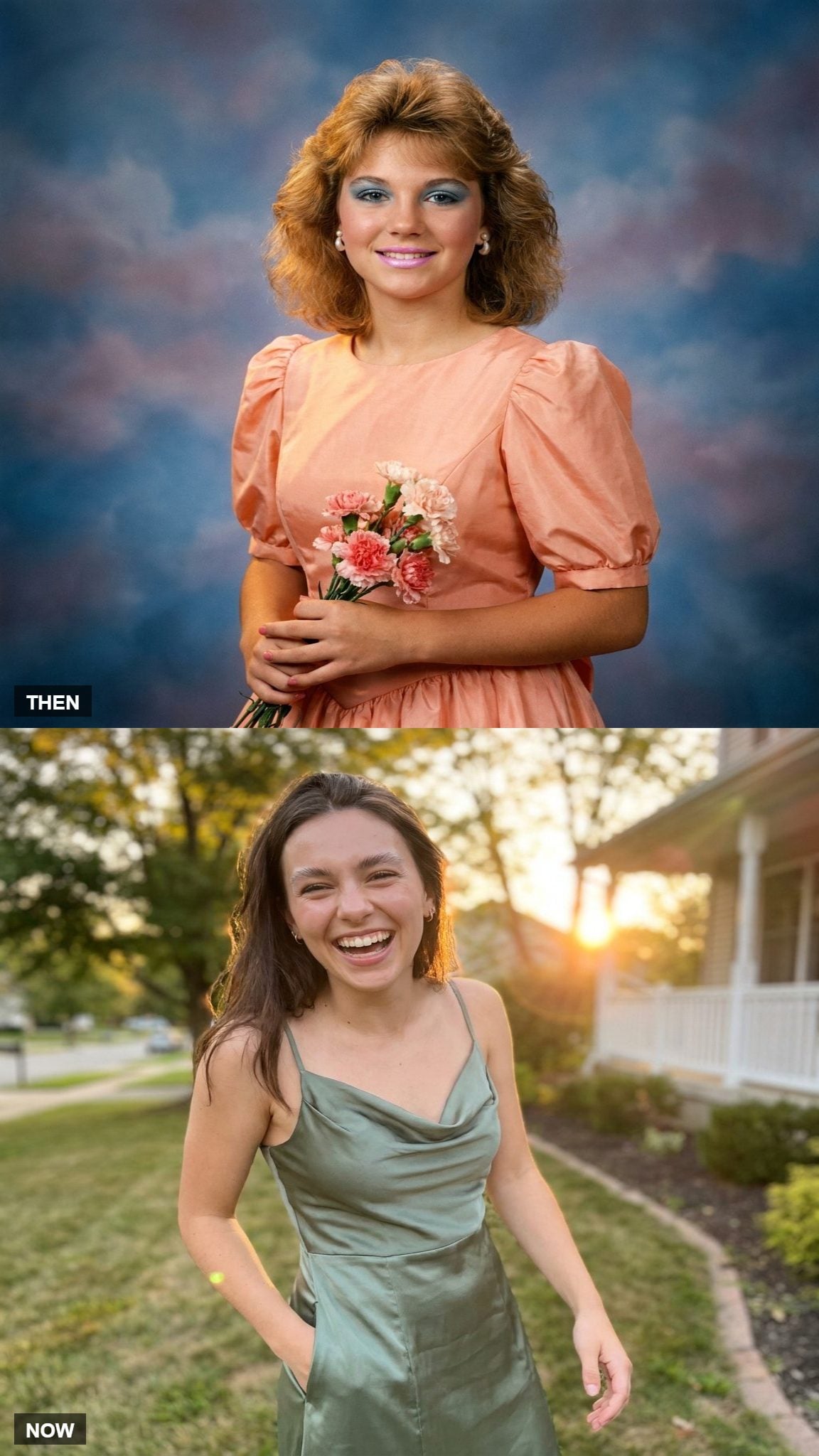Posed 1980 prom portrait compared with a candid modern prom photograph