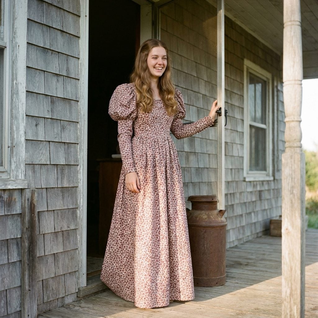 Pink prairie dress with square neckline and dramatically gathered sleeves