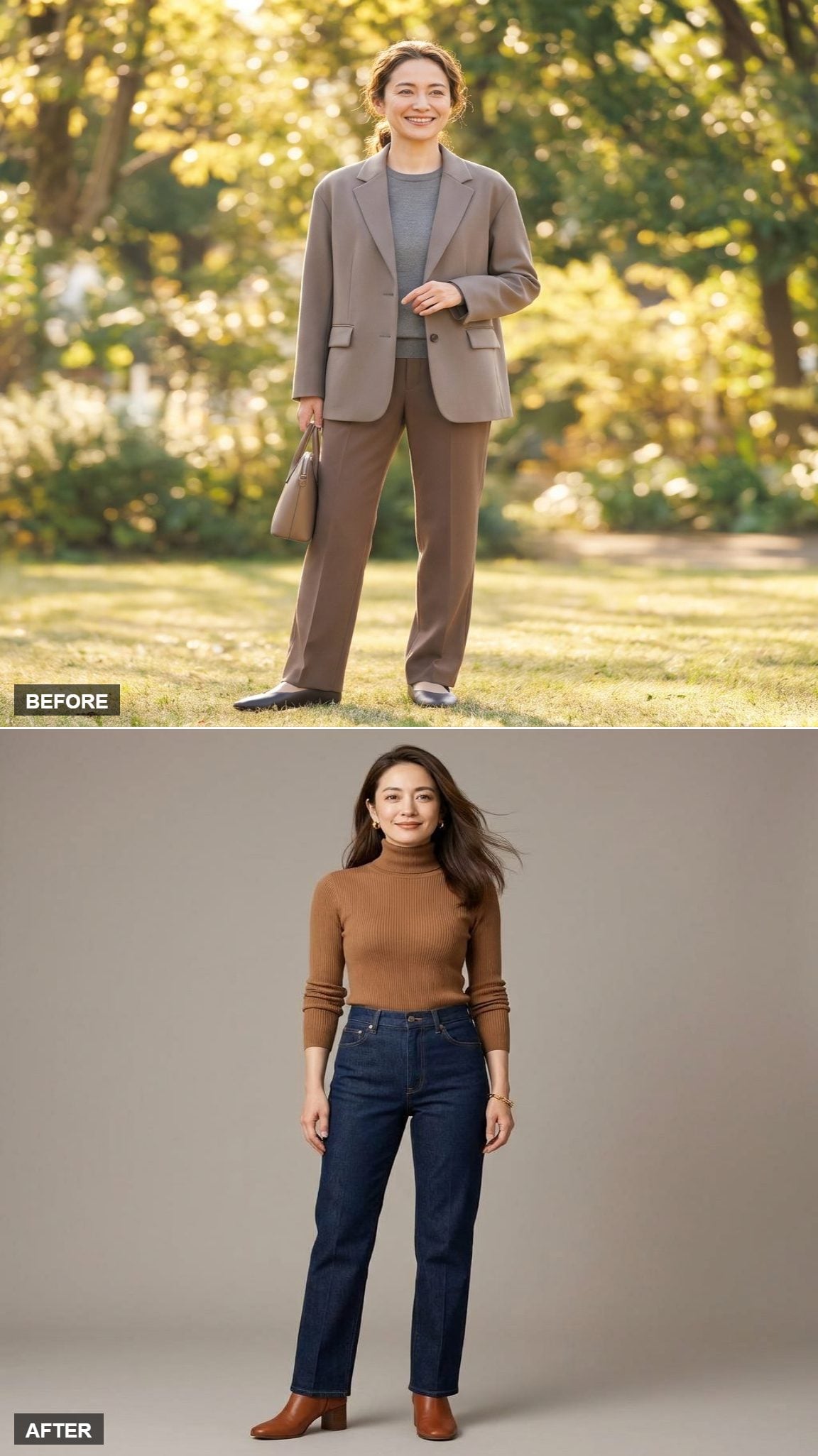 Quiet Confidence in a Caramel Turtleneck, Straight Dark Denim, and Block-Heel Boots