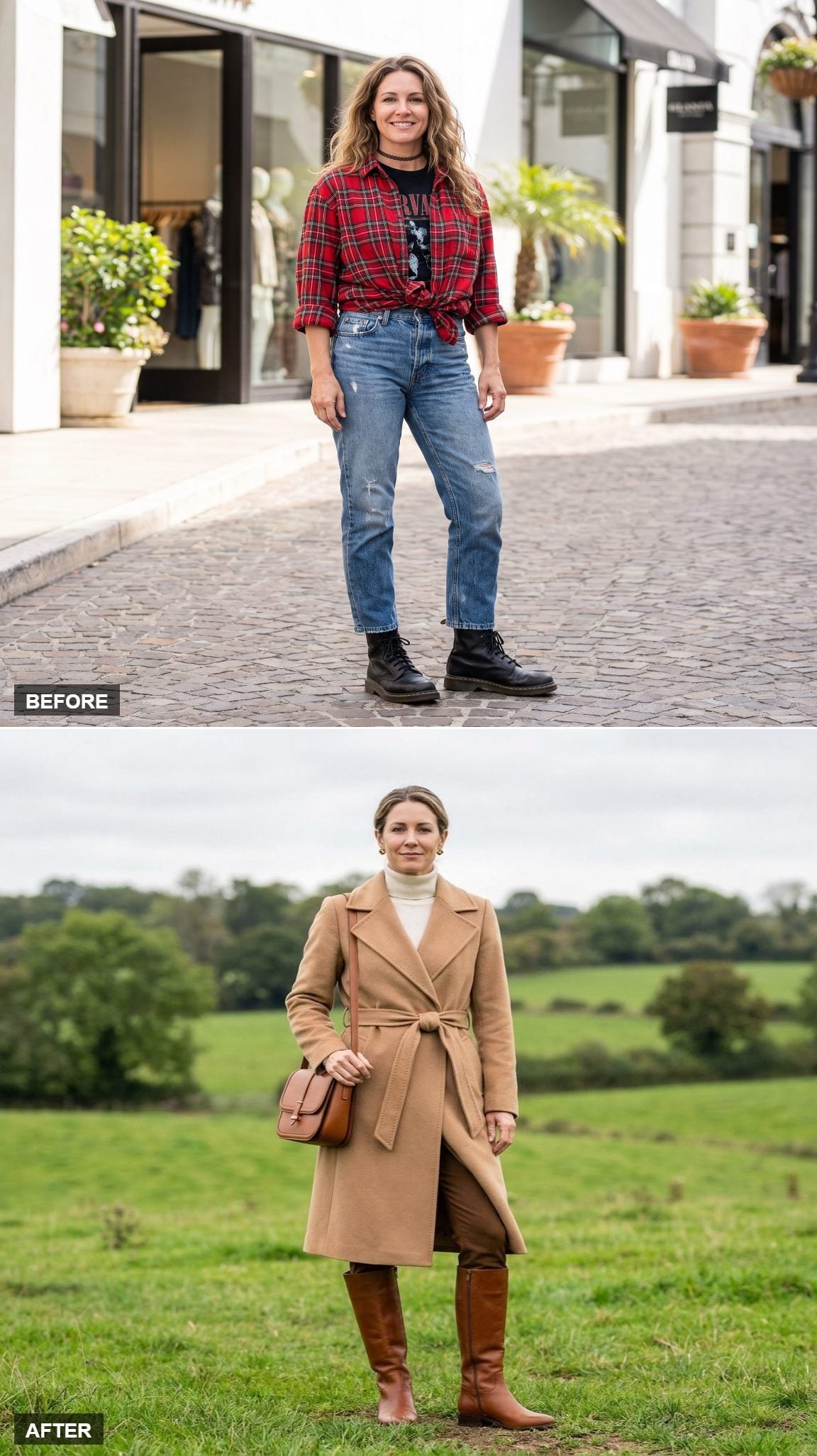 Camel wrap coat with ivory cashmere turtleneck and cognac riding boots