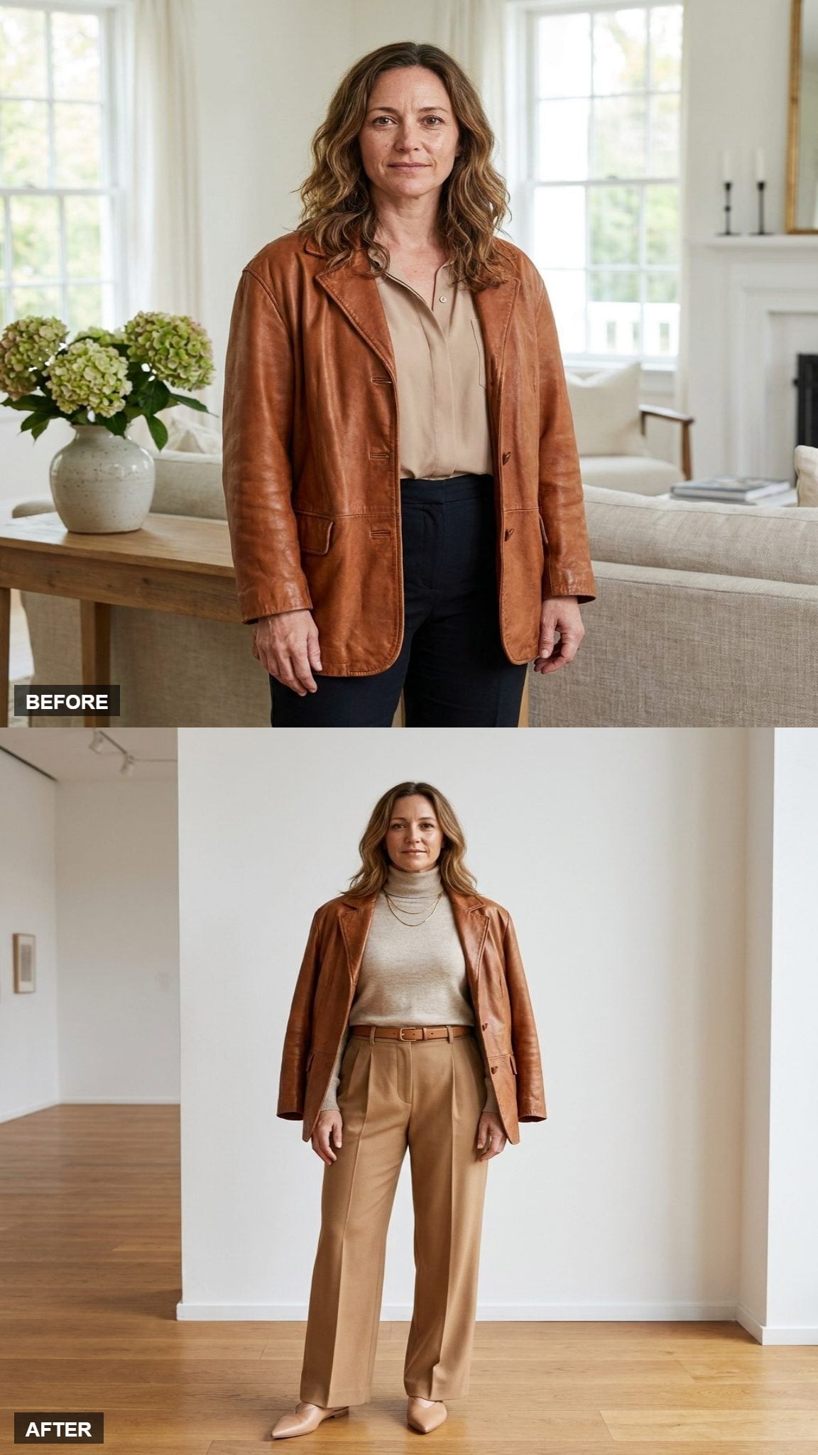 Oatmeal Knitwear and Wide Camel Trousers