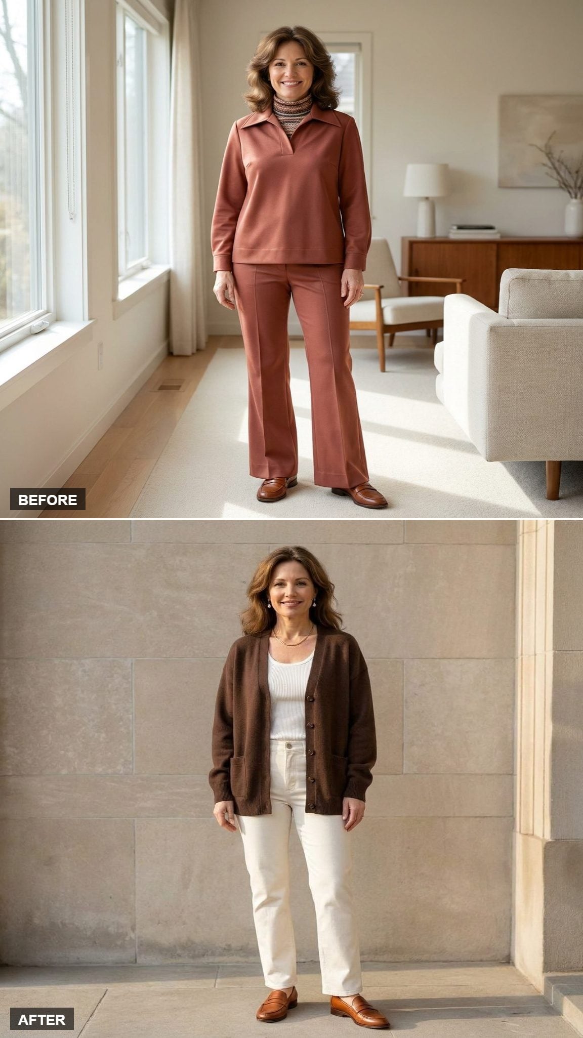 Quiet Luxury Saturday in a Chocolate Cashmere Cardigan, Straight Ivory Jeans, and Penny Loafers