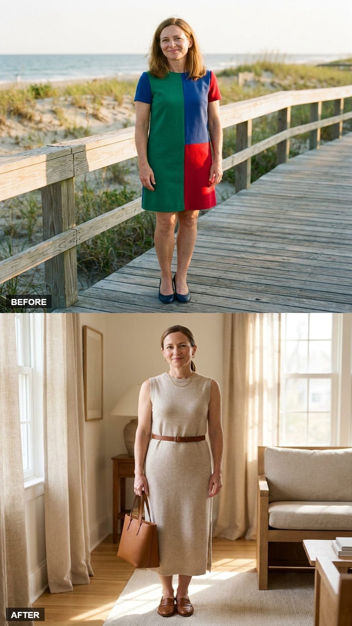 Quiet Luxury in a Sleeveless Oatmeal Knit Column and Loafers