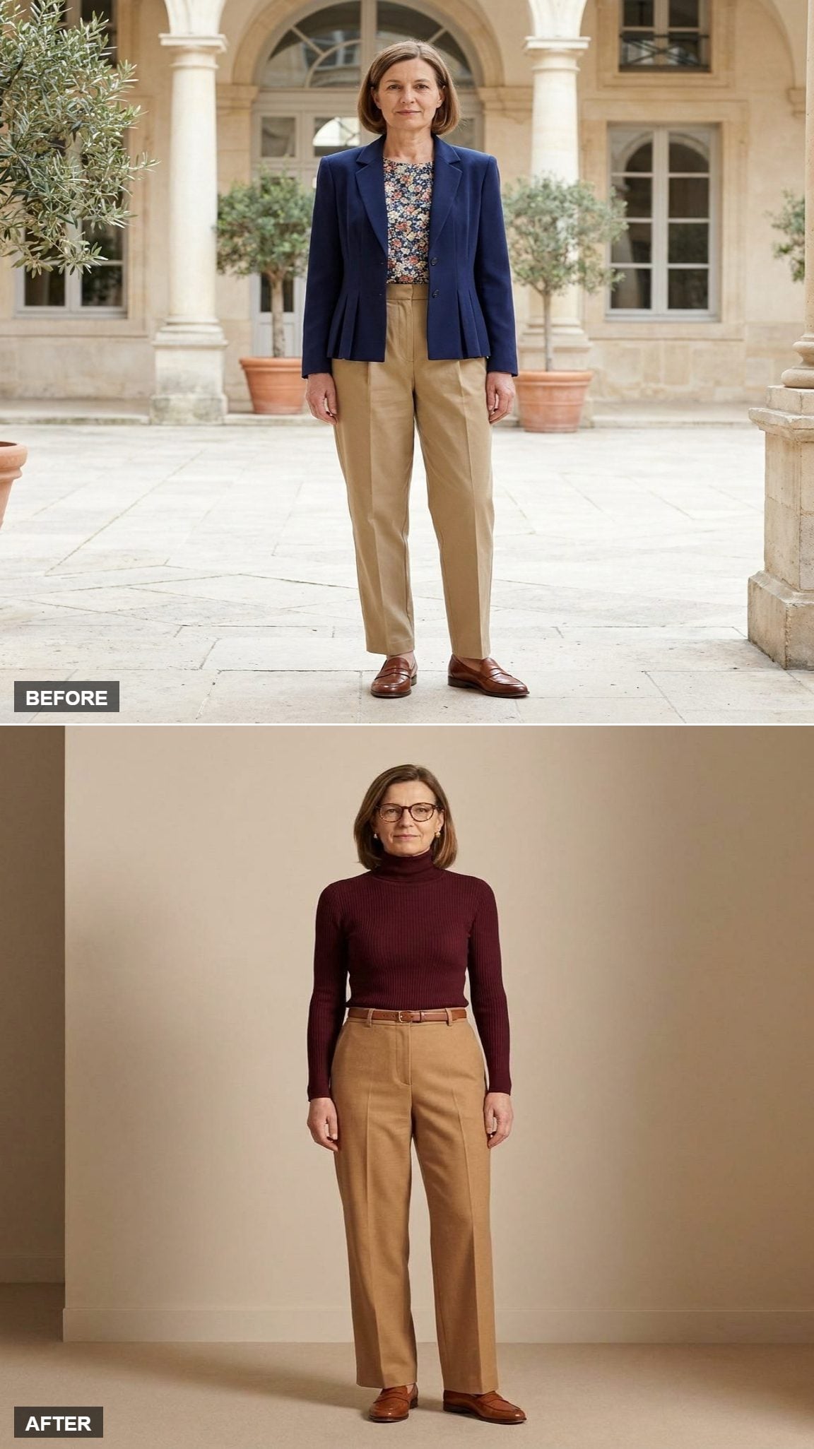 Burgundy and Camel in a Turtleneck, Tailored Trousers, and Tortoiseshell Frames