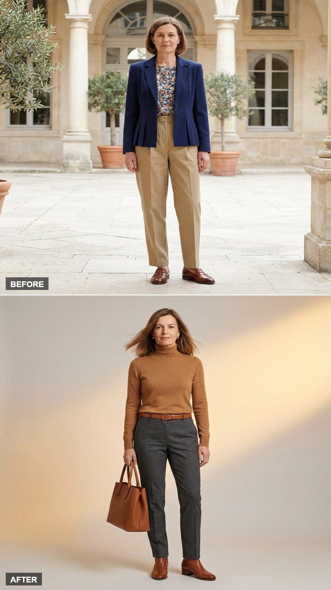 Quiet Power in a Caramel Cashmere Turtleneck, Tailored Charcoal Trousers, and Cognac Leather Ankle Boots