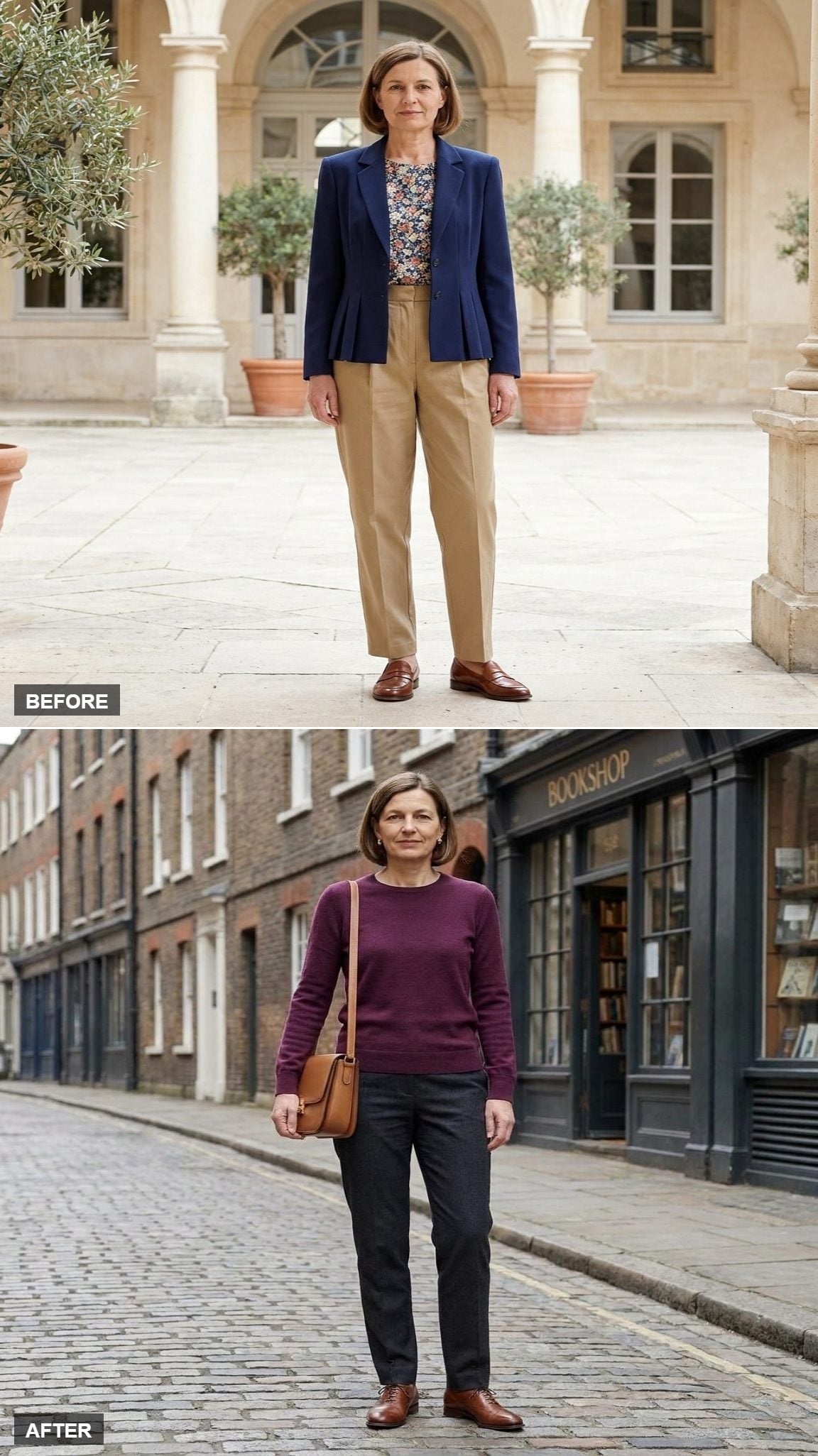 Rainy Season Dressing in a Plum Merino Crewneck, Dark Charcoal Slim Trousers, Brown Oxford Shoes, and a Structured Tan Bag