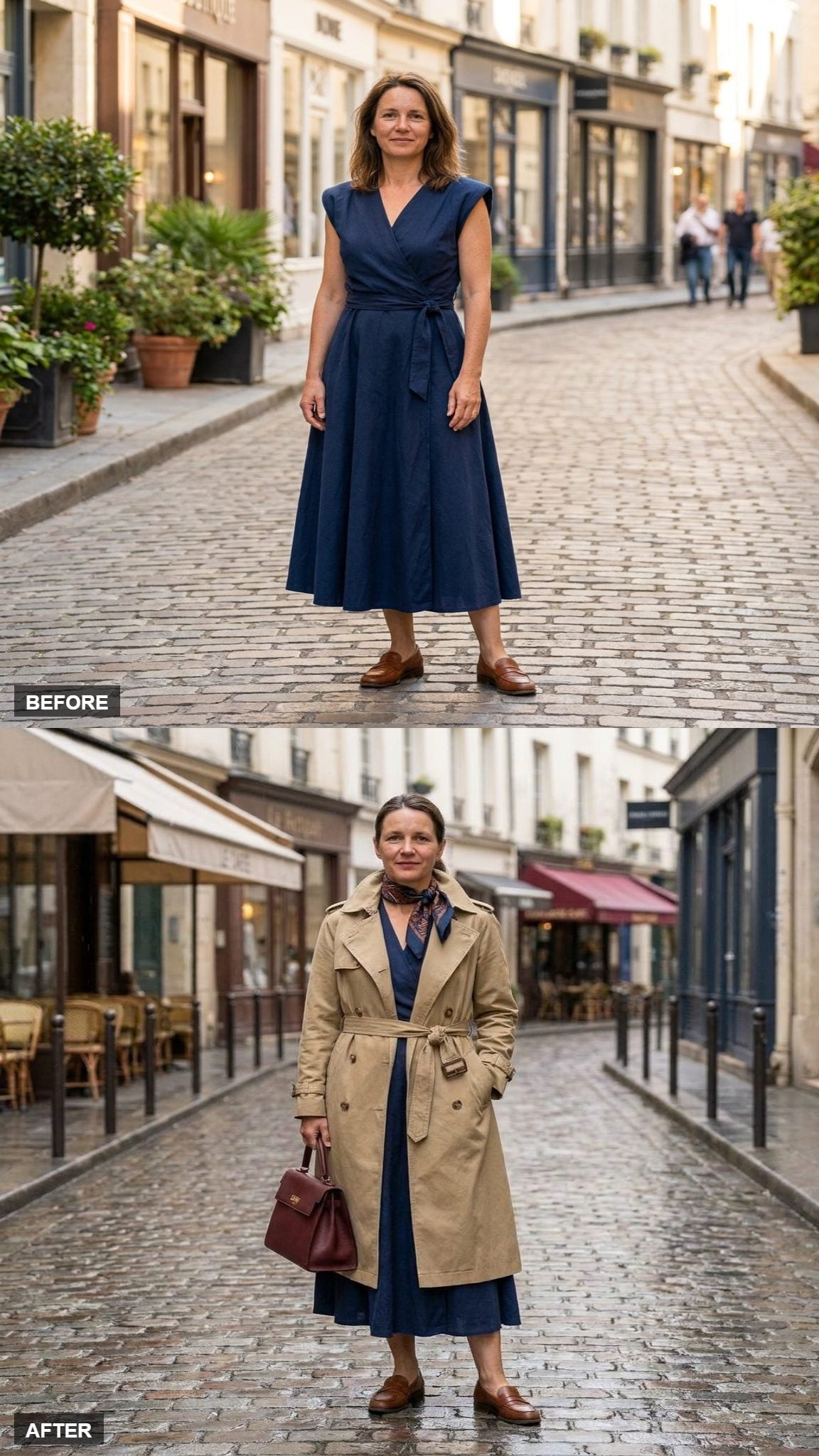 Rainy Tuesday Cool in a Trench Coat, Leather Loafers, and a Silk Neck Scarf