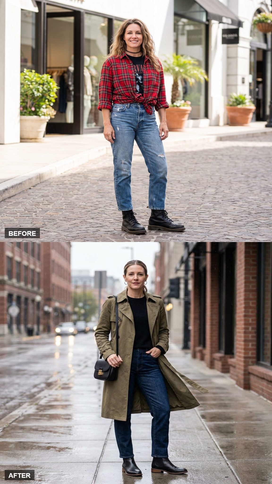 Olive trench coat with black cashmere, straight denim, and ankle boots