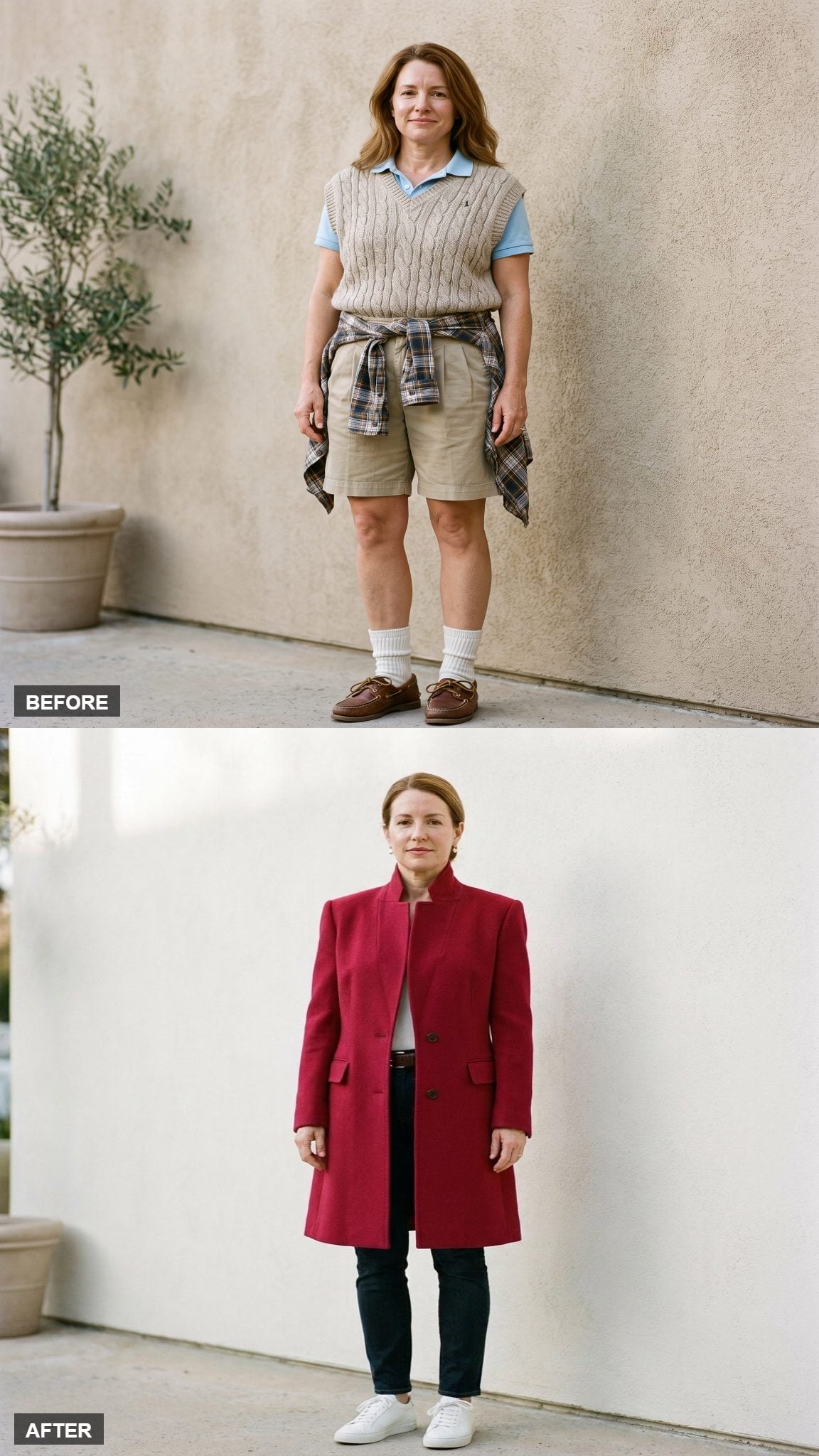 Red Enters the Room: Crimson Wool Coat, Dark Denim, White Sneaker Done Right