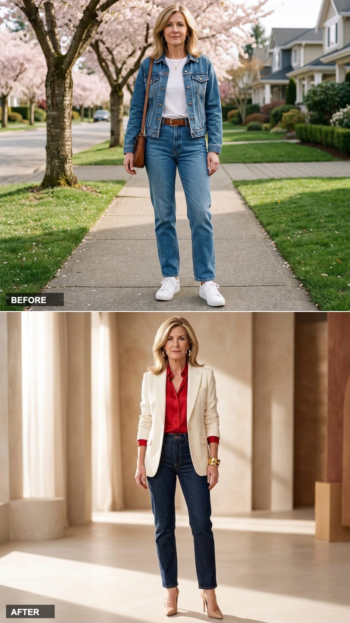 Red Silk Blouse, Ivory Blazer, and Sculptural Gold, When Denim Gets Its Moment
