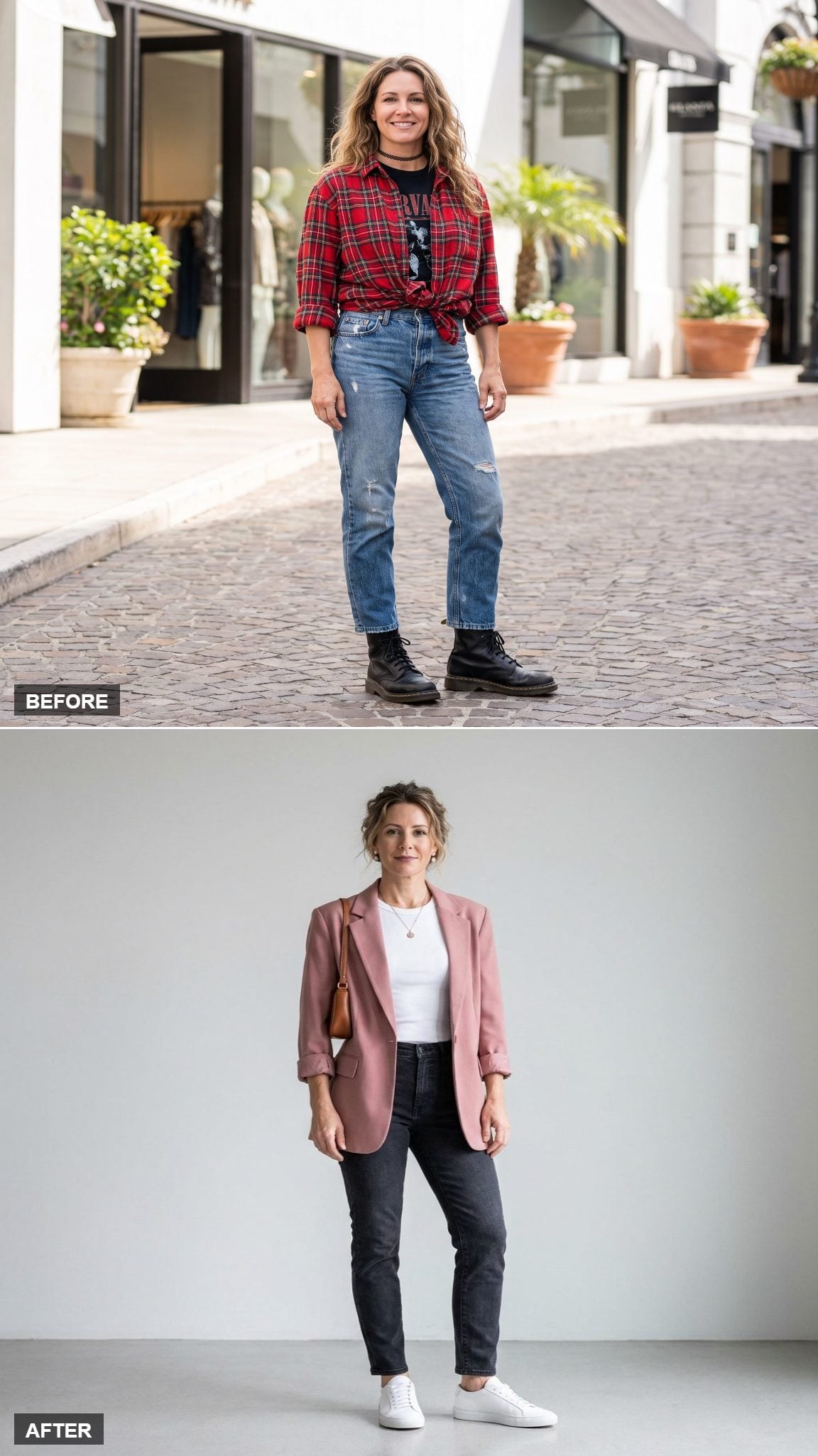 Dusty pink oversized blazer with white tee, dark jeans, and white sneakers