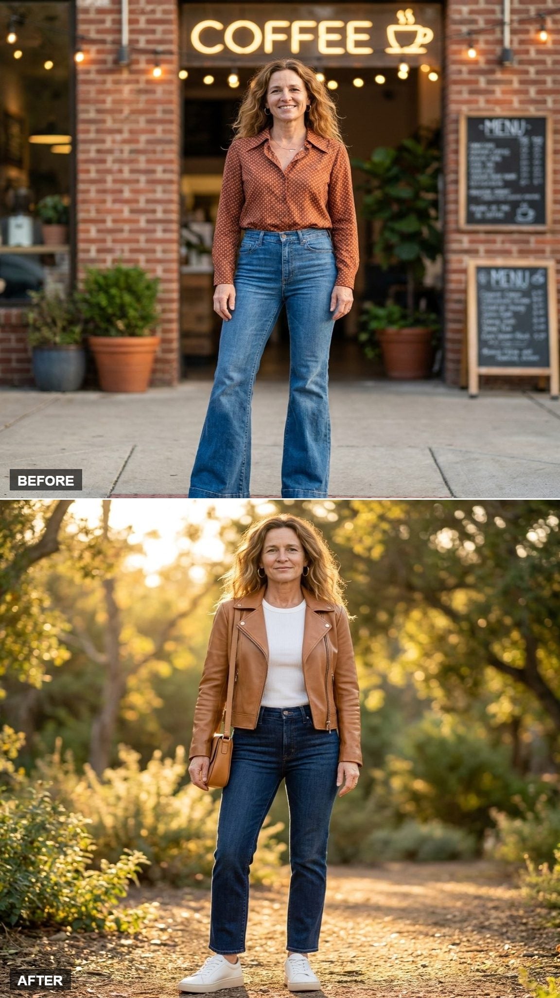 Relaxed Weekend Rich in Caramel Leather Jacket and Dark Indigo Jeans