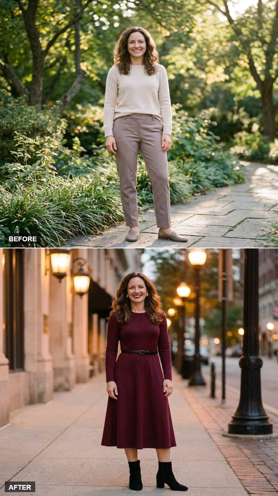 Rich Burgundy Midi Dress and Block-Heel Ankle Boots for a Theatre Night